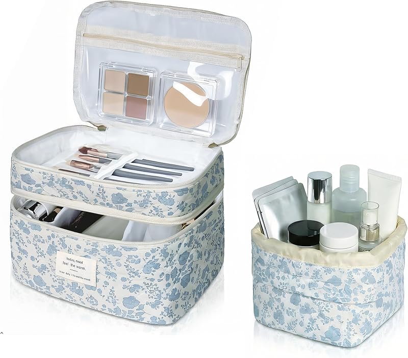 Necessaire de maquiagem Gosect com 2 peças, bolsa acolchoada com zíper e bolsa com cordão, estampa floral azul