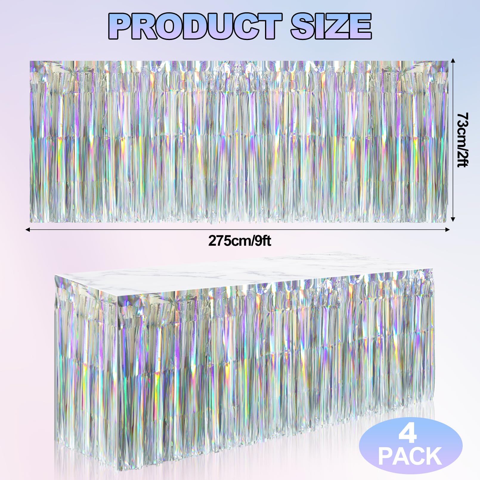 Dyrfolm 4 Pack Iridescent Table Skirt,Laser Metallic Foil Fringe Tinsel Table Skirts,Disposable Rainbow Table Skirt Banner for Rectangle Tables Birthday Wedding Graduation Party Decoration(29x108Inch)