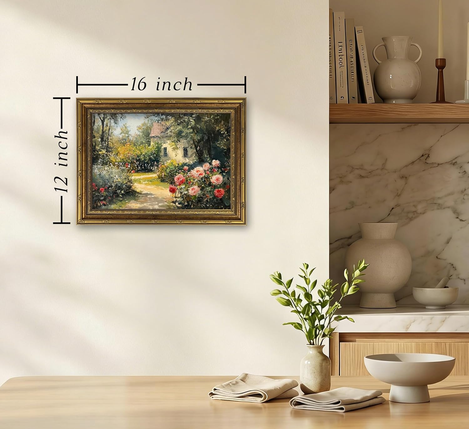 Gold Framed Vintage Rose Garden Canvas Wall Art English Cottage Floral Landscape Painting Picture Wall Decor Nature Rustic Farmhouse Poster Print Artwork for Living Room Bedroom Dorm Bathroom 12x16in