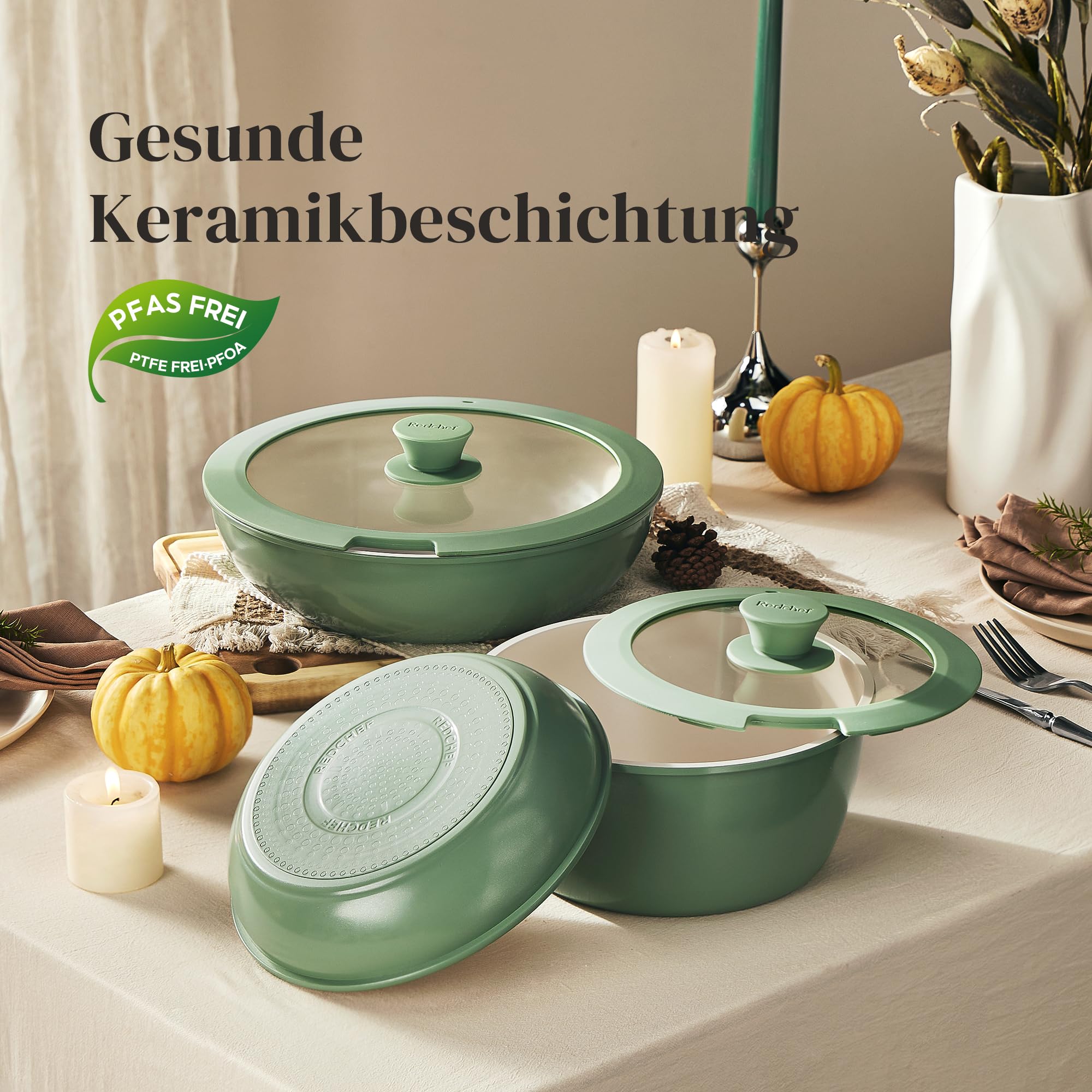 Redchef Set di pentole da 16 pezzi, antiaderente in ceramica, con manico rimovibile, padella da 20/26 cm, padella da 26 cm, pentola da 18/20 cm, impilabile per tutti i piani cottura, adatto al forno