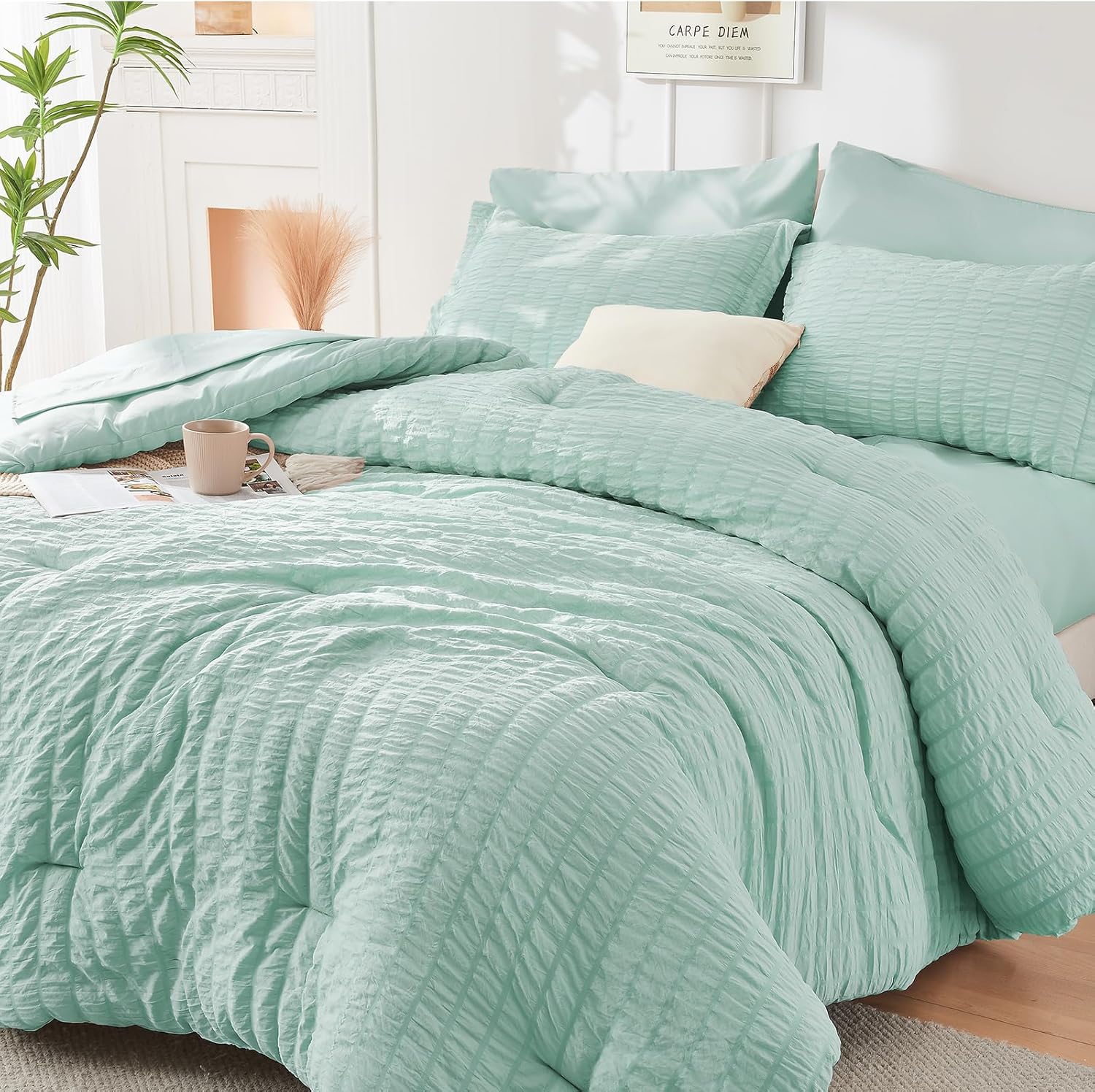 HYMOKEGE Sage Green Full Size Comforter Sets Seersucker 7