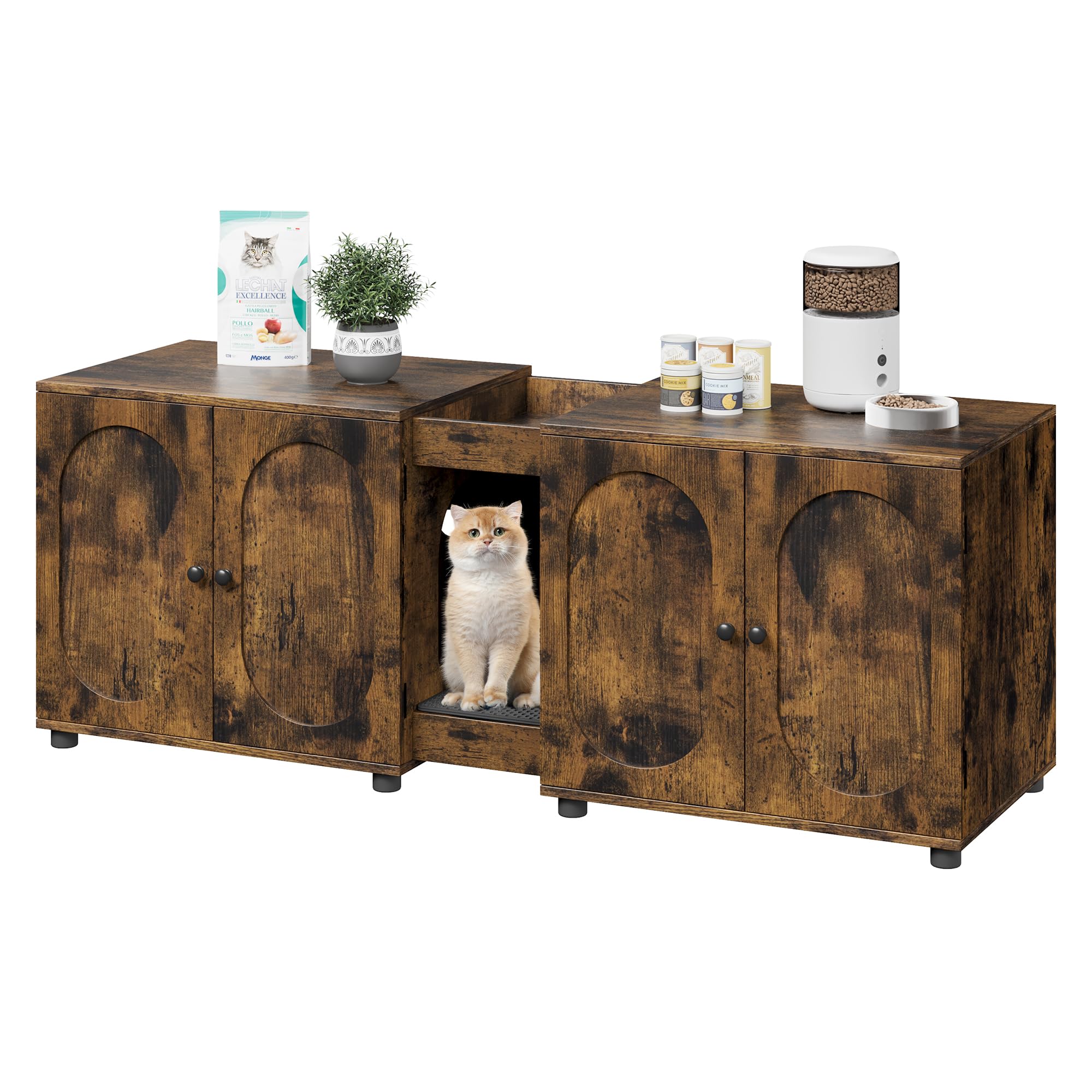 IDEALHOUSE Großes doppeltes Katzenklo-Möbel 140cm – Katzenhaus für 2 Katzen – Versteckter Katzenklo-Schrank mit Trennwand und Stauraum – Holzoptik, Klassisch Farbe – Spezifikation: Ohne Rattan