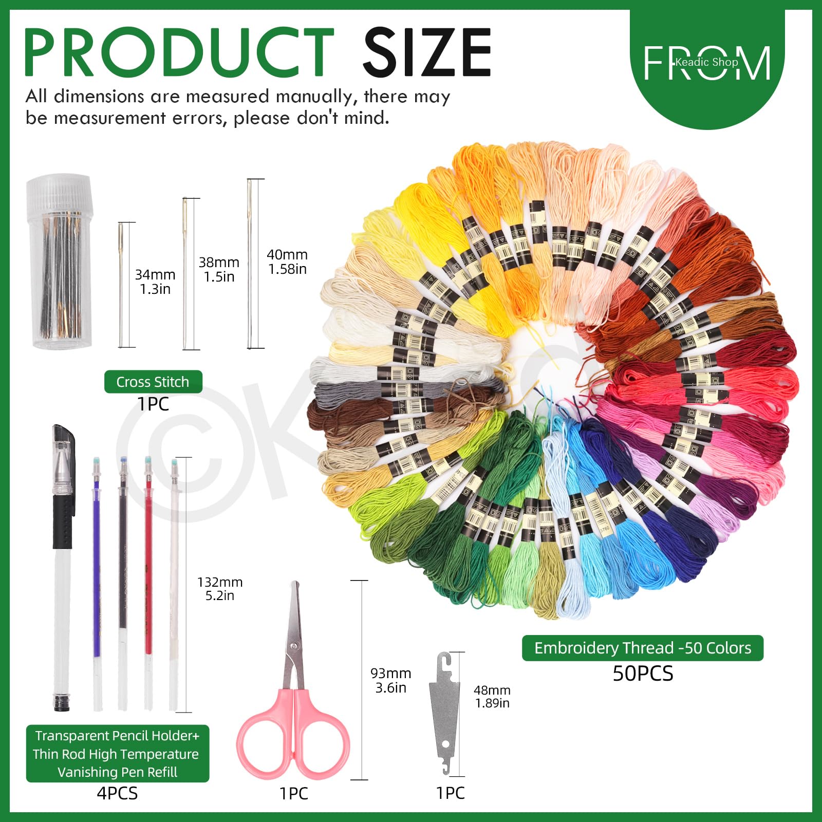 Keadic 78 Stück Stickerei Anfänger Kit enthält 6 Farben Stickerei Stoff, Nähen Maker Stifte, 50 Regenbogenfarben Stickgarn, Kreis Kreuzstich Hoop Ringe, Cutter und Nadeln für Crafting