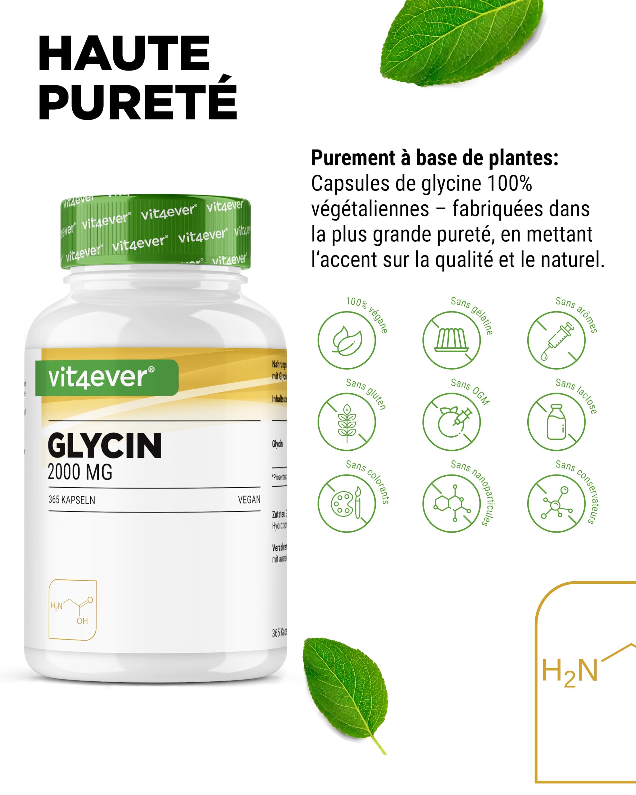 Glycine - 365 Gélules - Hautement Dosé Avec 2000 Mg Par Portion Journalière - Très Haute Pureté - Sans Additifs - Vegan