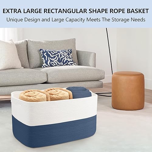 Miniatura 3 de MEGASKET Cesta rectangular extragrande de cuerda, 23.6 x 15.7 x 14.1 pulgadas, cesta de almacenamiento de toallas, cesta de almacenamiento de ropa