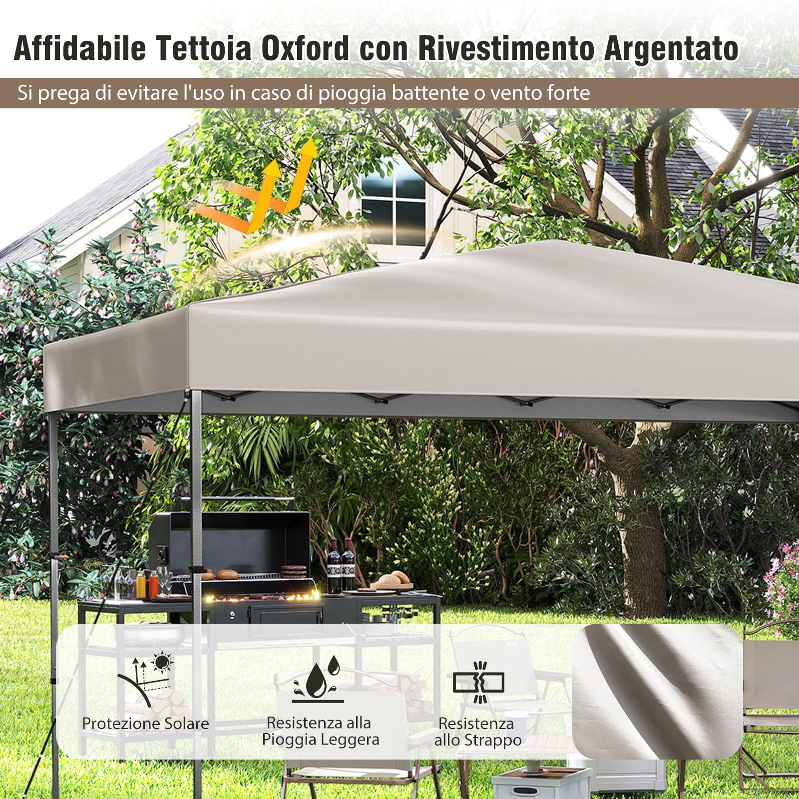 COSTWAY Gazebo Pieghevole Impermeabile, Gazebo Esterno Resistente con Acciaio Regolabile, Borsa Portatile, 9 Picchetti e 4 Corde Antivento, per Giardino, Feste e Barbecue (Beige, 3,65 x 2,25 m)