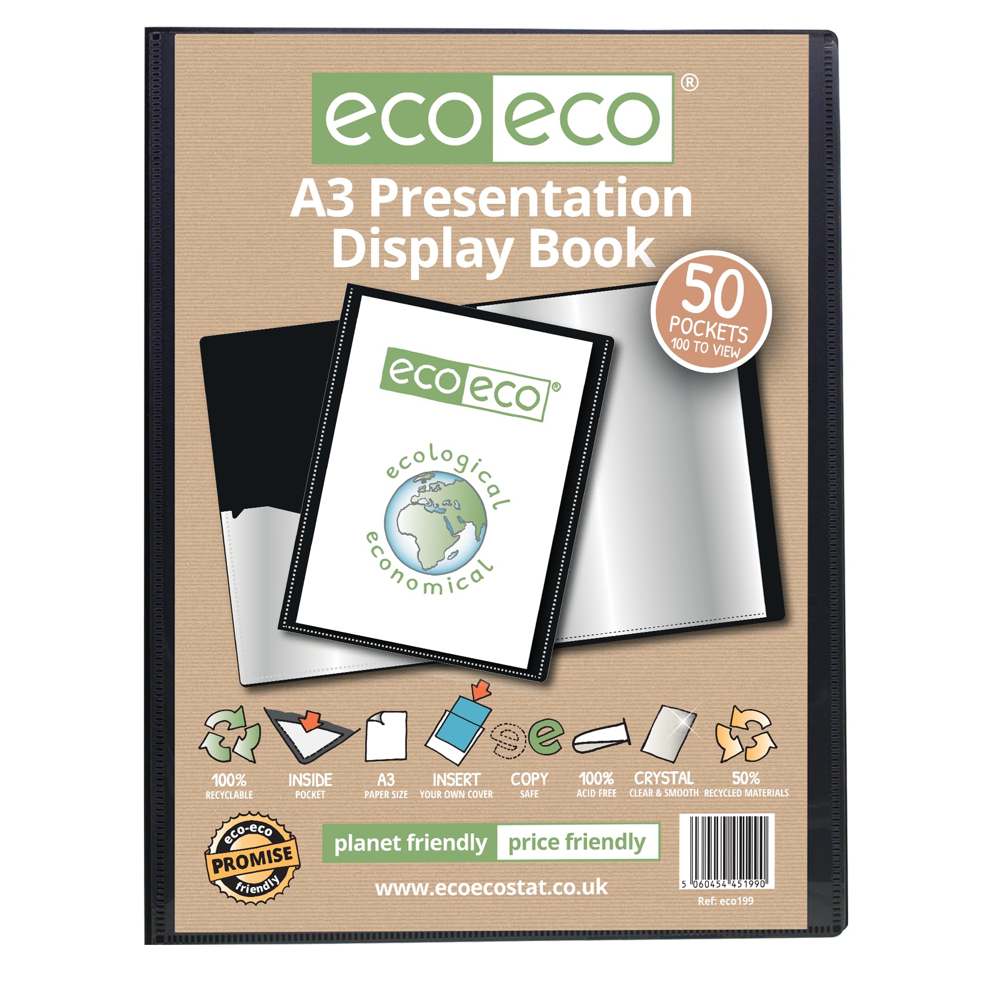 eco-eco A3 Size 50% Recycled 50 Pocket Black Presentation Display Book, Storage Case Portfolio Art Folder with Plastic Sleeves, eco199