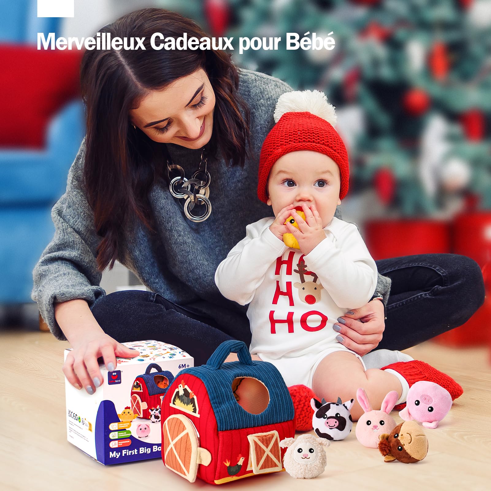 Hahaland Jouet Bébé Animaux de la Ferme en Peluche, Jeux Montessori avec Grange, Hochets, Miroirs Jouet Sensoriel Bébé 0-6 Mois, Cadeau Bébé Enfant 3-6-9 Mois Garçon Fille