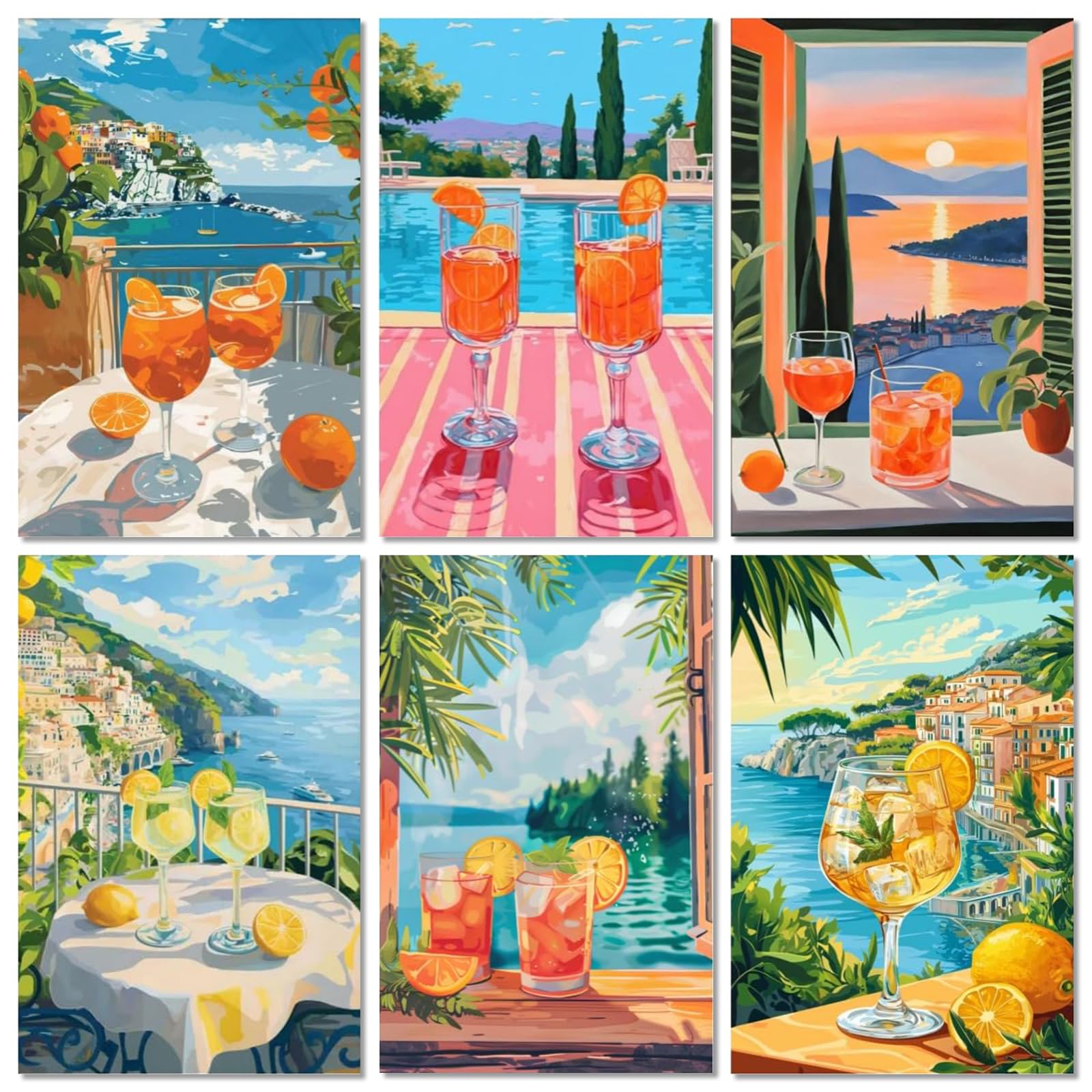 lxmydm Malen nach Zahlen erwachsene Cocktailgläser 6-teiliges Set digitale Ölgemäldelandschaft mit 2 Pinselsätzen 1 komplettes Set Polypropylenfarbe als Geschenk 20 x 30