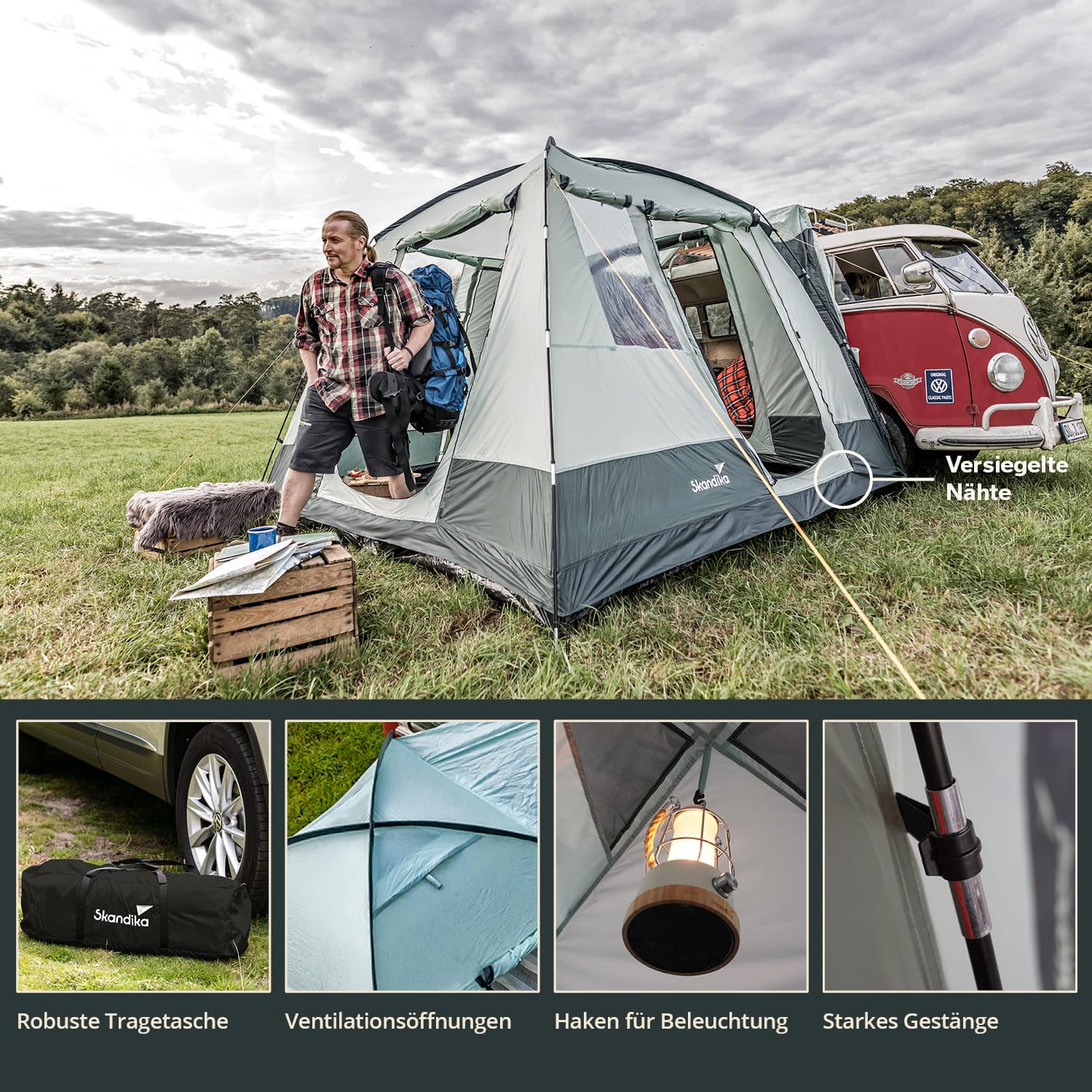 Skandika Busvorzelt Pitea Van Protect | 4 Personen, freistehend, eingenähter Zeltboden, 2,2 m Stehhöhe, große Fenster, wasserfest, 3000 mm Wassersäule, Moskitonetze, 3 x 3 m, Kuppelzelt für Bus, Caddy