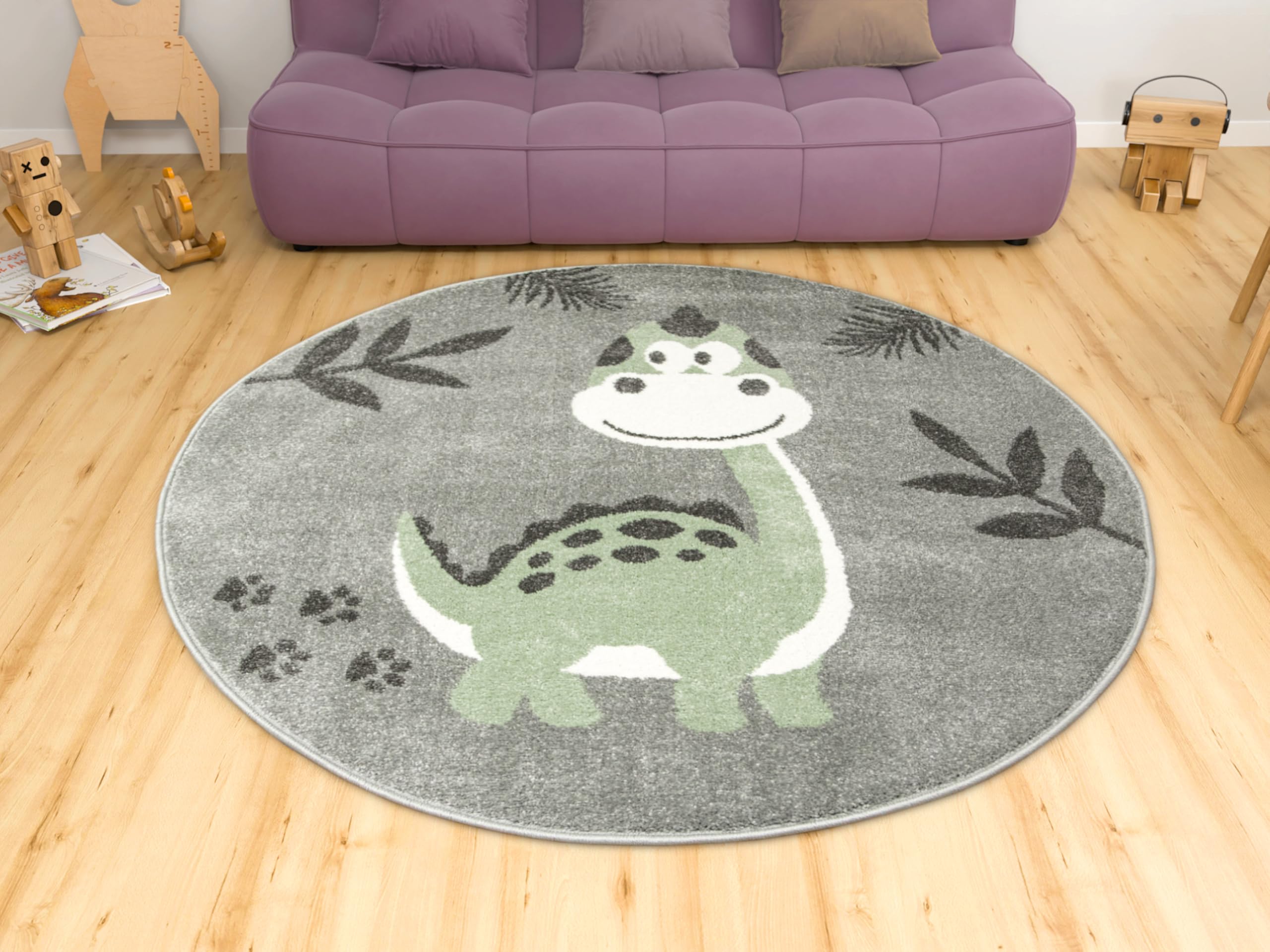 Runder Kinderteppich Lima Dinosaurier Grau, Grün 160 cm, Teppiche für EIN Kinderzimmer mit kurzem Flor, Teppich für einen Jungen, Mädchen, Gemütlich Spielteppich, Dekorativ