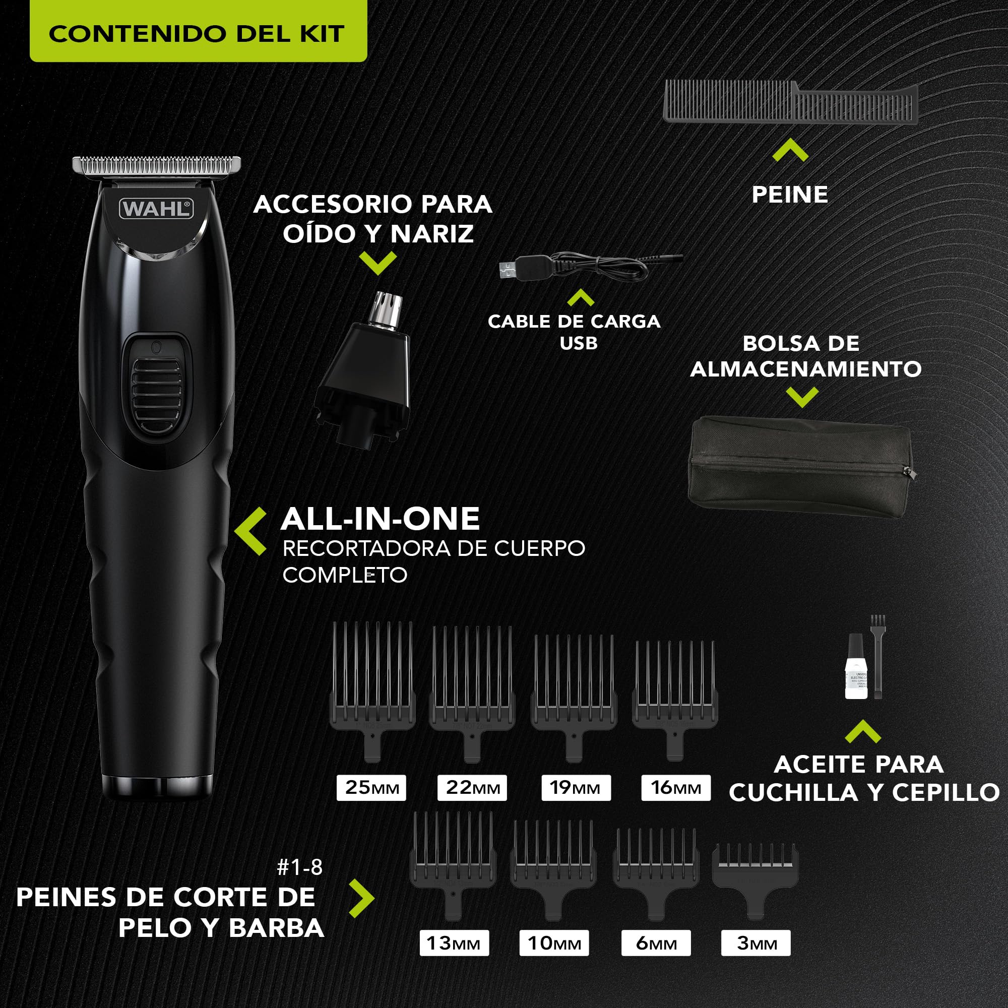 WAHL All in One Trimmer, Aseo completo de cabello, barba, orejas, nariz y cuerpo, potente batería de litio, cabezales lavables y cabezal ancho en forma de T, corte de 0,5 mm-25 mm, 210 minutos de carg