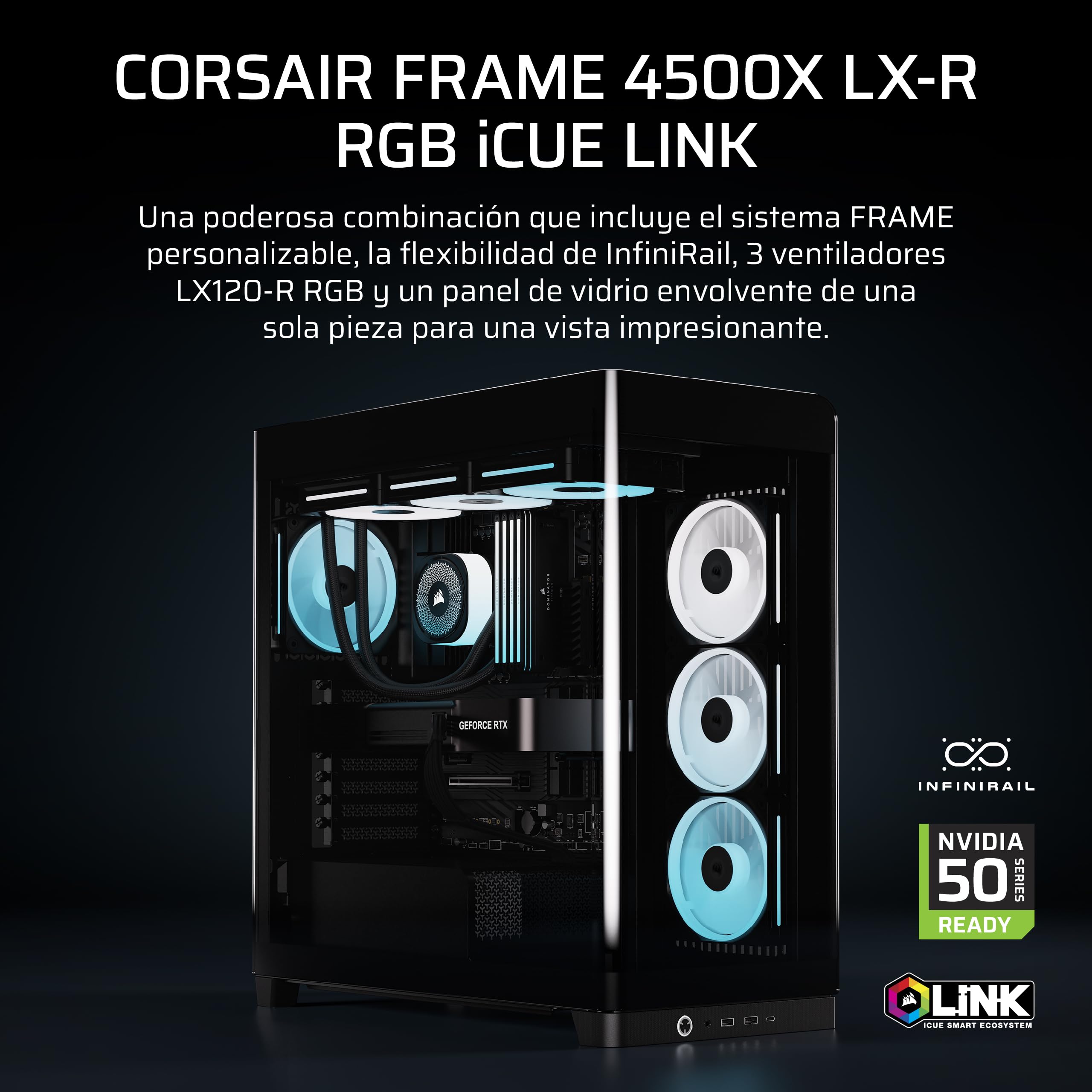CORSAIR Frame 4500X LX-R RGB Link Caja de PC Semitorre con Cristal Panorámico – Sistema de Montaje de InfiniRail, Capacidad para Dos radiadores de 360 mm, Incluye 3 Ventiladores LX120R – Negro