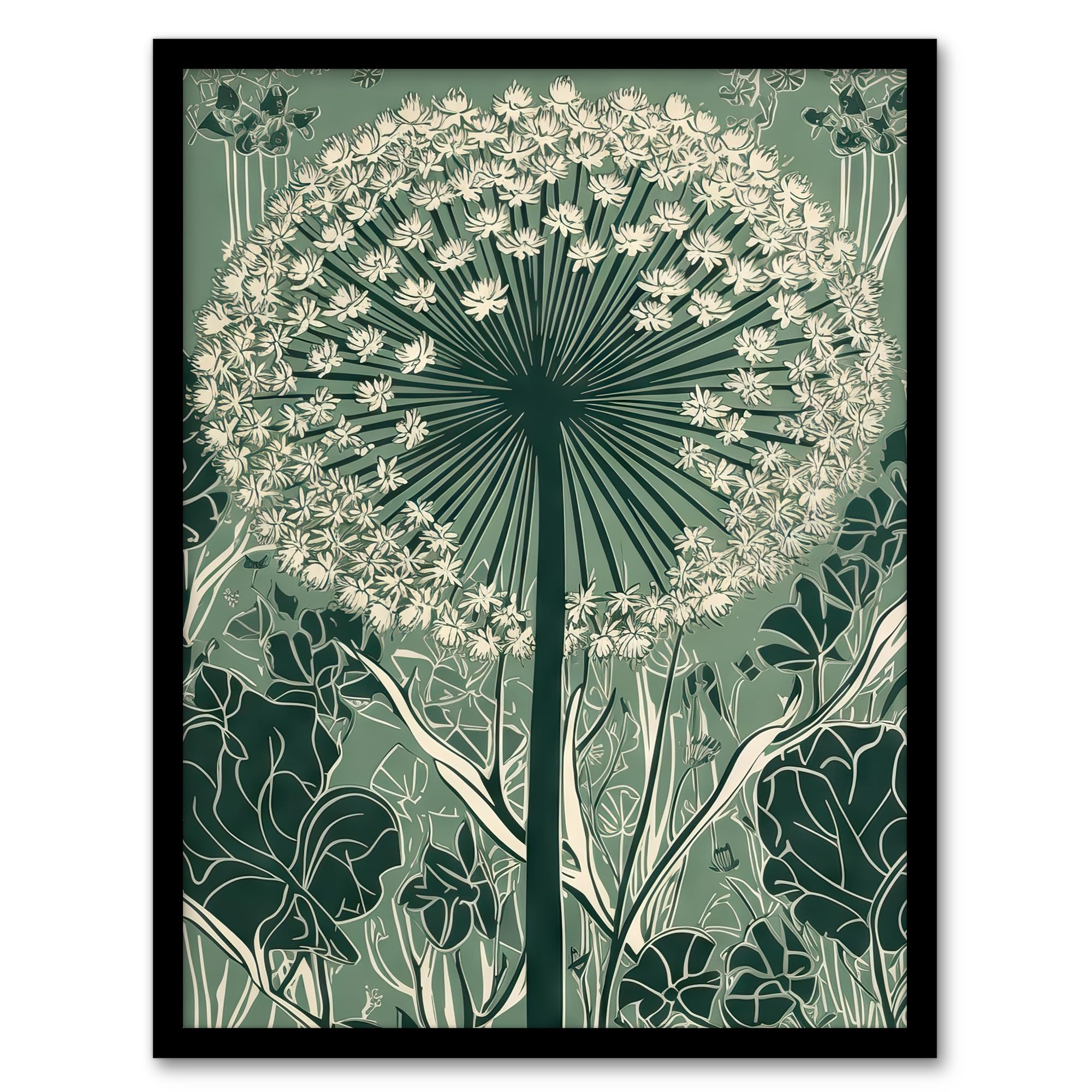 Artery8 Single Allium Flower Modern Painting Green White Florets Wildflower Spring Bloom Nature Colourful Bright Floral Modern Artwork Artwork Framed Wall Art Print A4