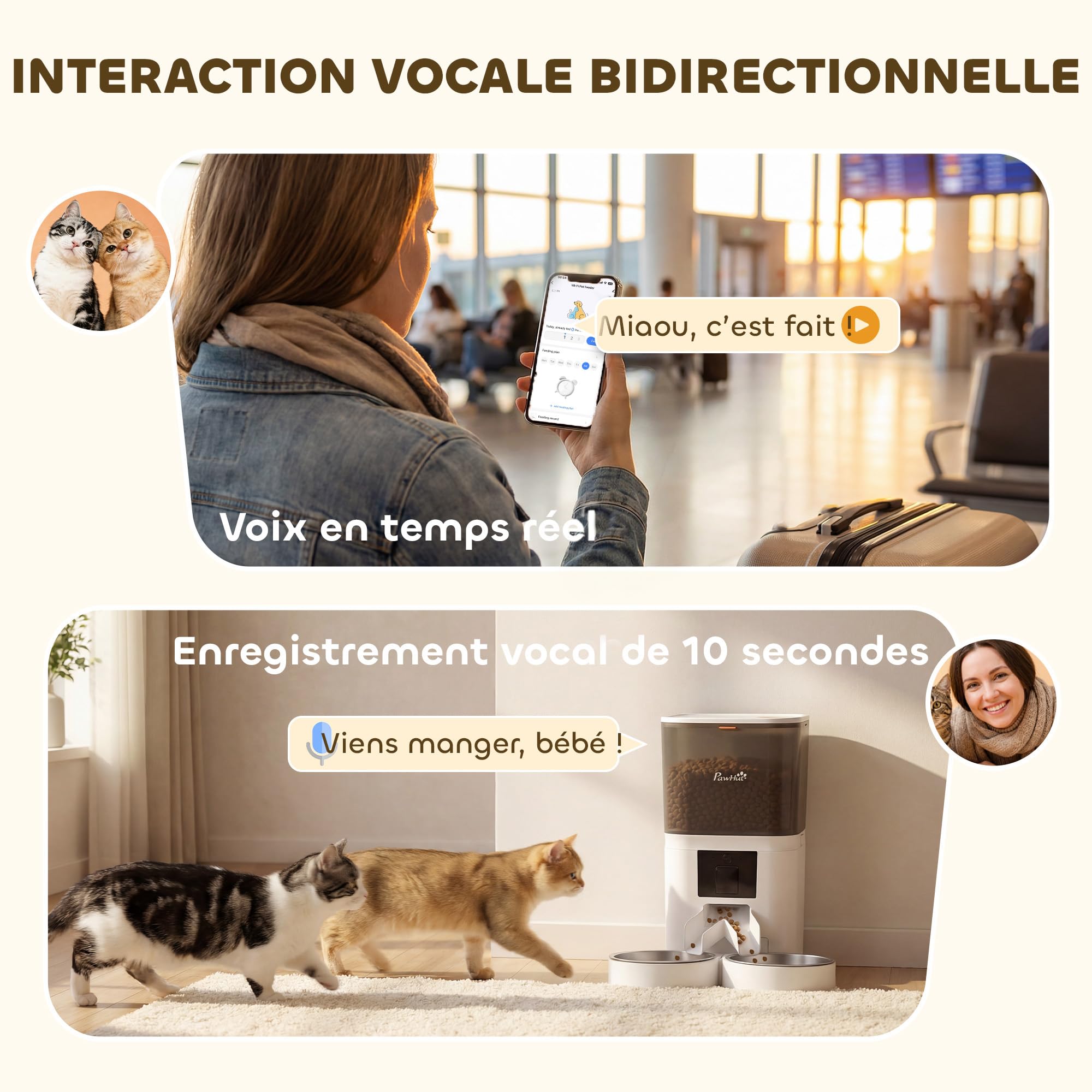PawHut Distributeur Croquettes Chat Automatique - Mangeoire Chat 2 Animaux 6L avec Double Bol INOX - Gamelle Chat Connectée WiFi Tuya App pour Chien et Chat, Alimentation de Secours, Blanc