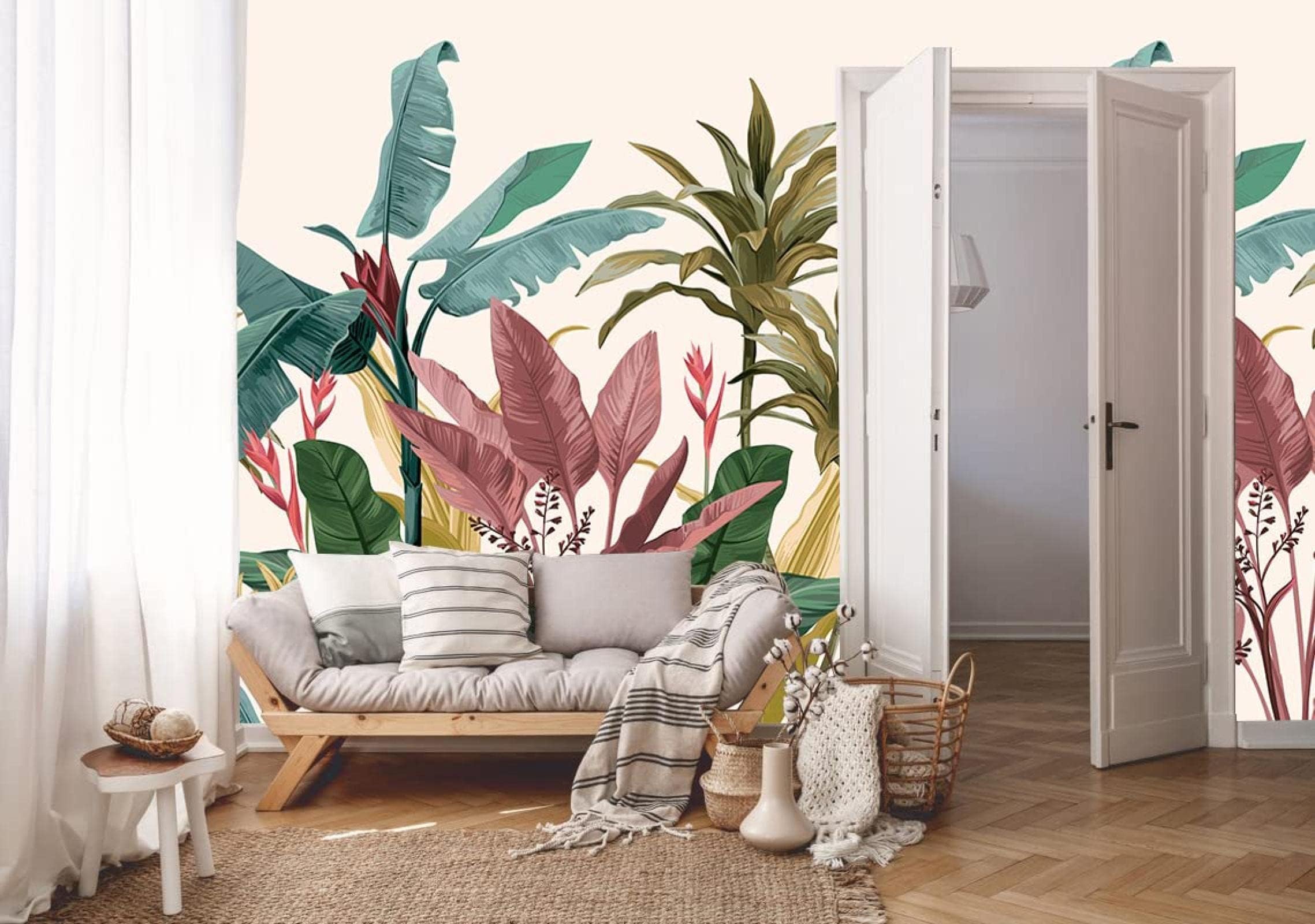 Tropikalny liść bananowca nadruk tapety, kolorowy mural ścienny na korytarz schody wystrój domu, duży rozmiar 300 x 210 cm