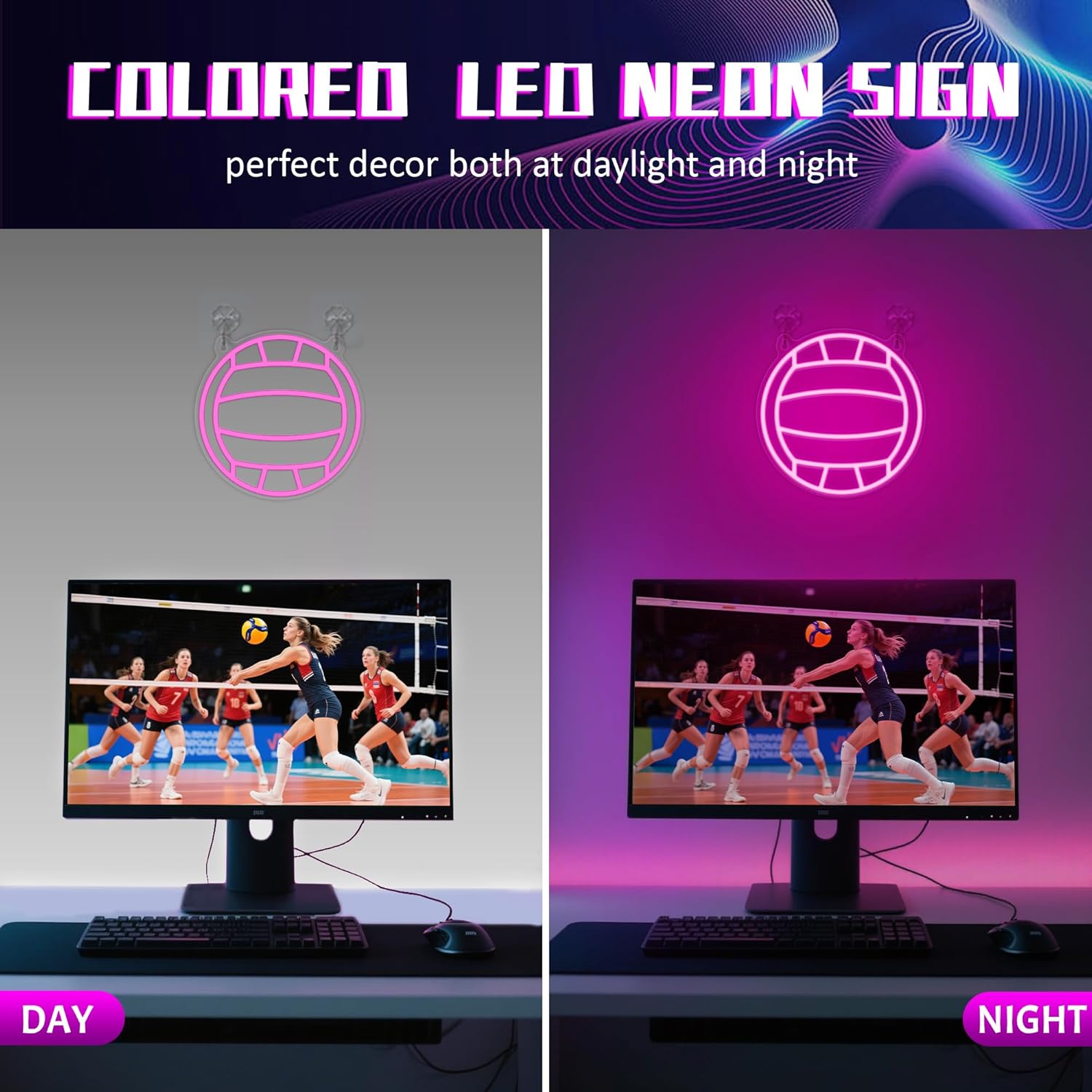 Volleyball Neon Signs for Wall Decor, Sports Neon Lights for Bedroom Living Room Game Room Club, 5V USB Power with Hanging Chain Hooks - Image 6