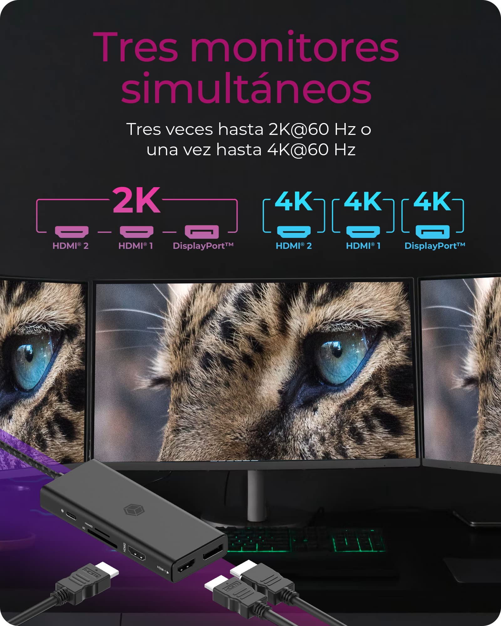 ICY BOX Docking Station USB-C (12-en-1) con 2x HDMI & 1x DP (4K 60Hz), 3x USB 3.0 HUB, Alimentazione 100W, Gigabit Ethernet, Dock Station Portatil, IB-DK4011-CPD