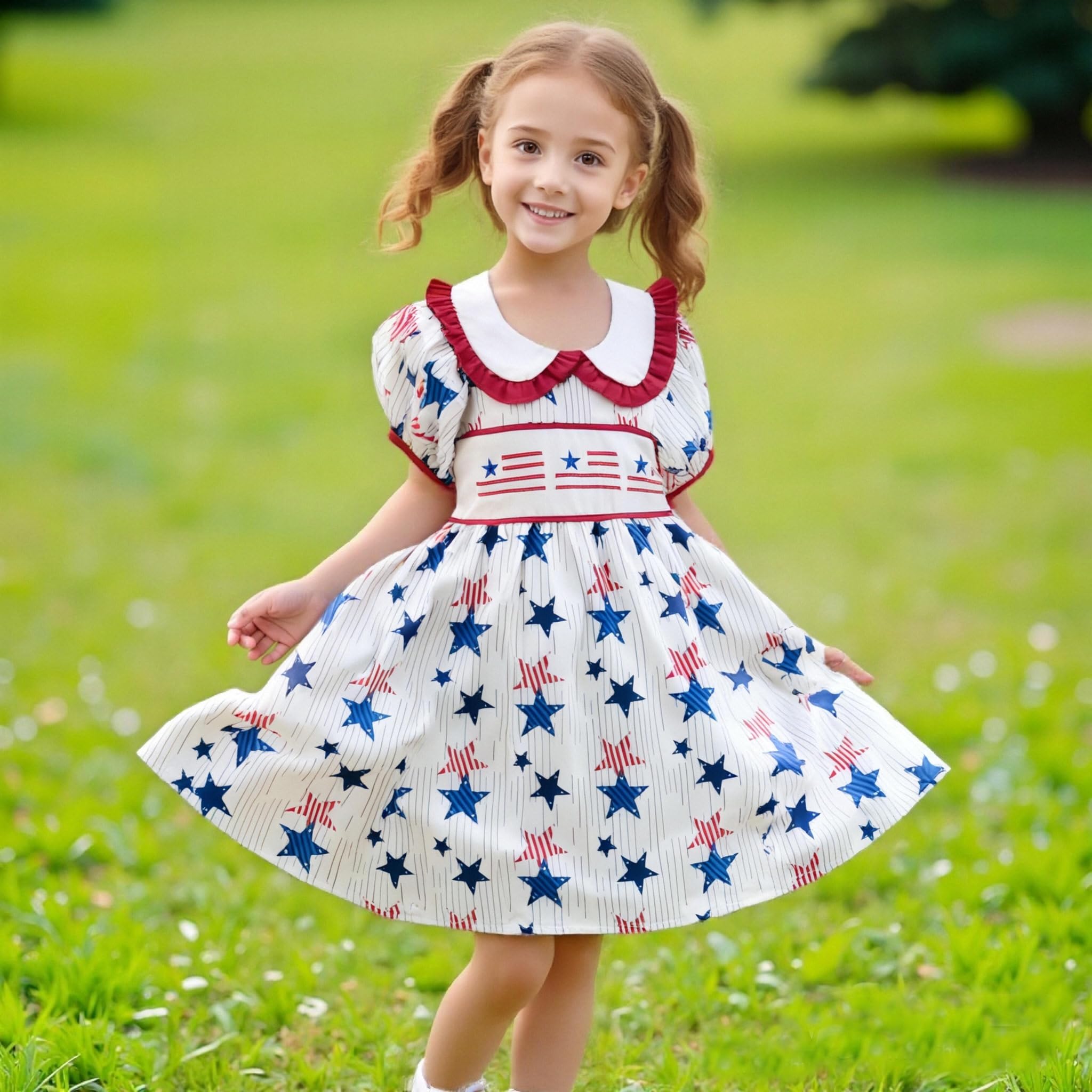 luethbiezx Kids Toddler Little Girls 4th of July Dress Doll Collar Star Stripe America Flag Short Sleeve Independence Day Dress (White, 2-3 Years)