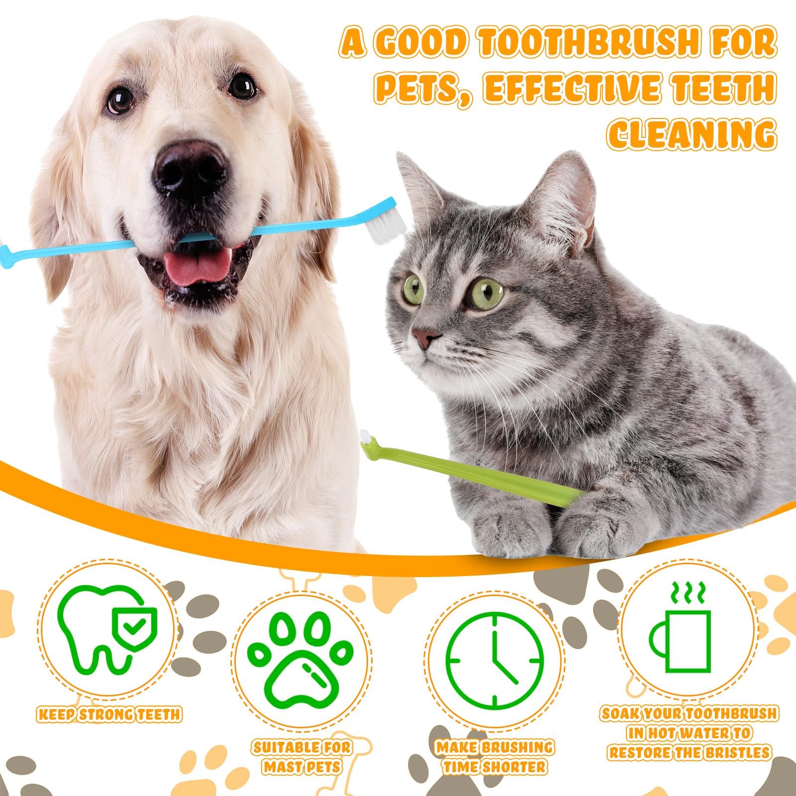 Nuogo Spazzolino da denti a doppia testa per cani, gatti, kit per la cura dentale degli animali domestici, con manico lungo, per la pulizia dell'igiene orale, 4 colori, 80 pezzi
