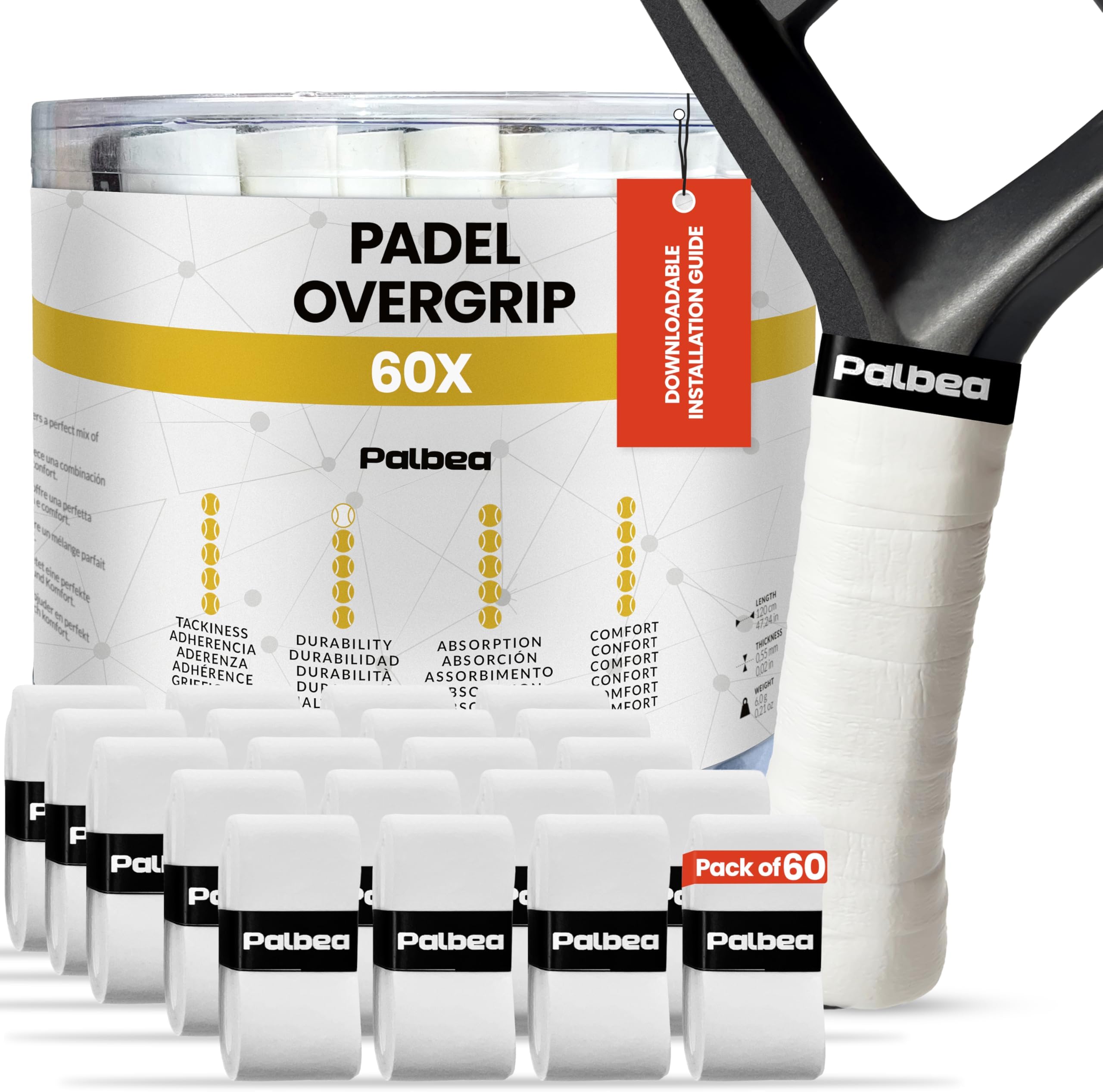Palbea Extra Sticky Padel Grip – White Padel Overgrips. Pack of 3/6/12/22/60 – Overgrip Padel High Absorption of Sweat. Non-slip Grip Tape. Grip Soft Padel Paddle. Padel Accessories