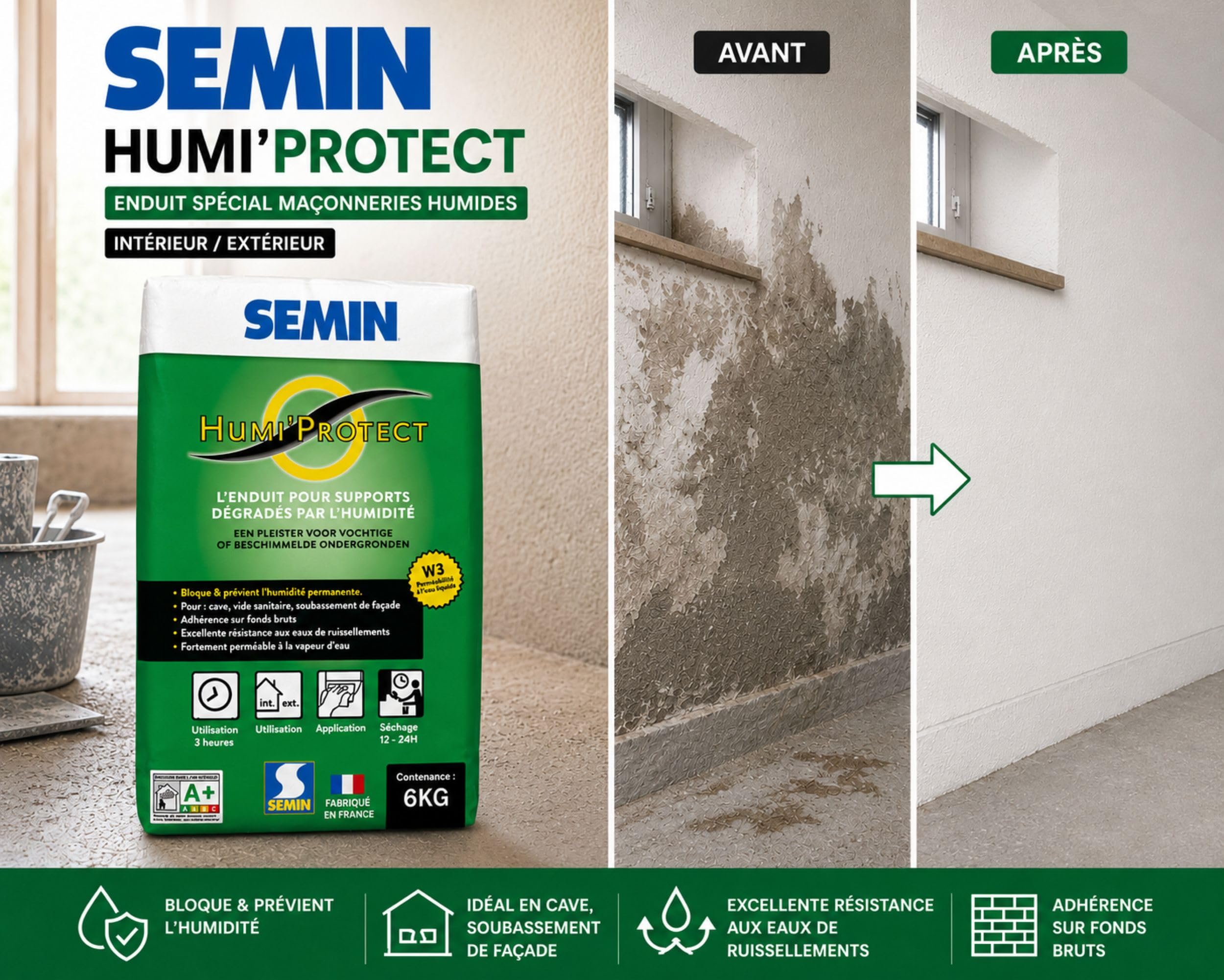 Semin Humi’Protect - Enduit Ciment Anti-Humidité - Traitement Maçonneries Humides - Intérieur & Extérieur - Cave, Sous-Bassement & Façade -Lot de 2 Sacs de 6 kg