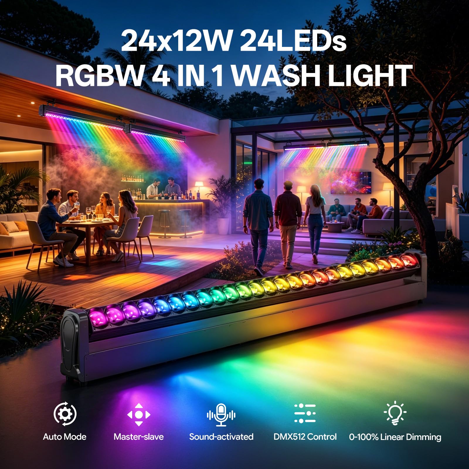 Barra Wash a Teste Mobili a LED RGBW 24x12W, Fascio 2° con stroboscopio e Dimmer d-mx512 Attivazione Sonora per Palcoscenico Matrimoni DJ Feste e Discoteche