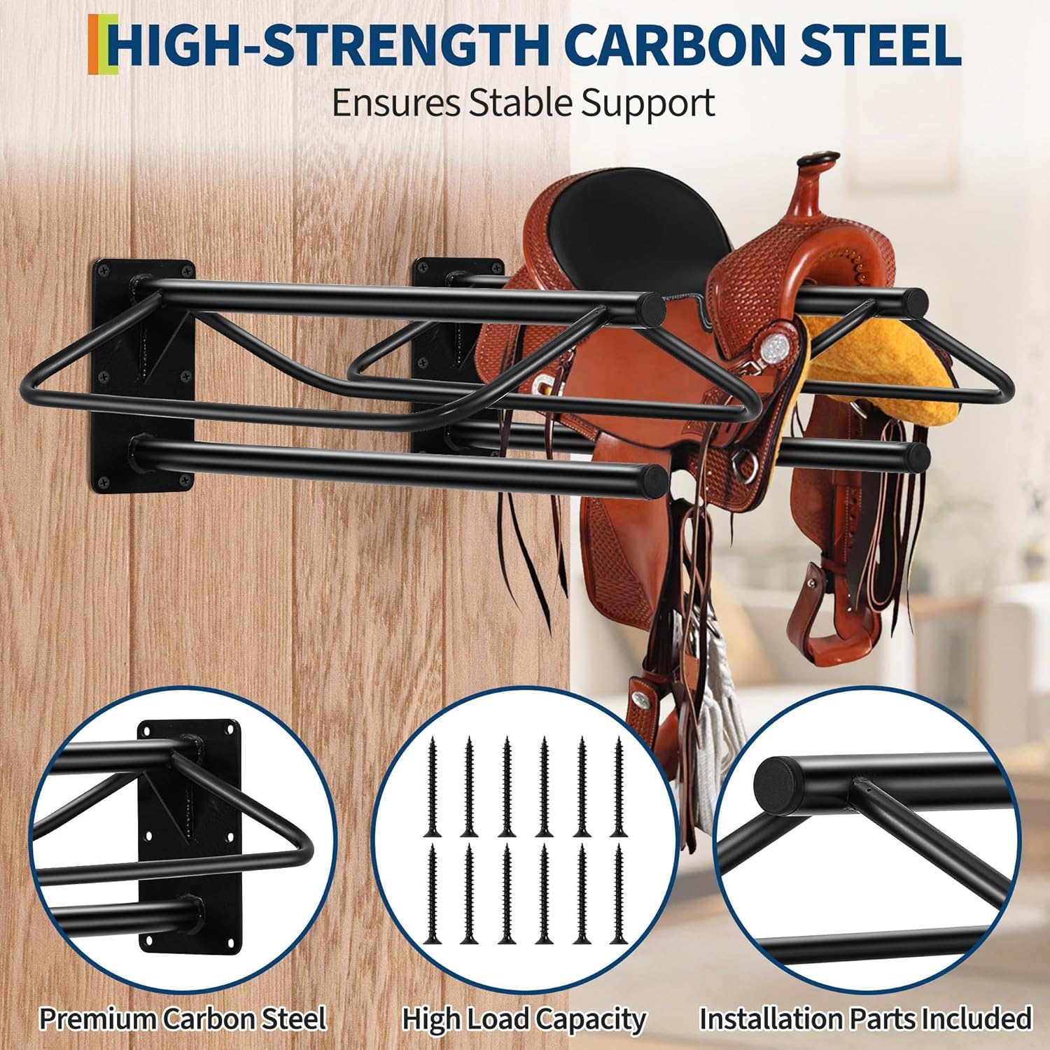 4 Pack Saddle Rack with Pad Bar, 12.6 x 23.6 in Heavy Duty Wall Mounted Saddle Stand, Heavy-Duty Steel Saddle Holder for English Western Saddles Horses Blanket,Tack Room, Horse Stall, Black