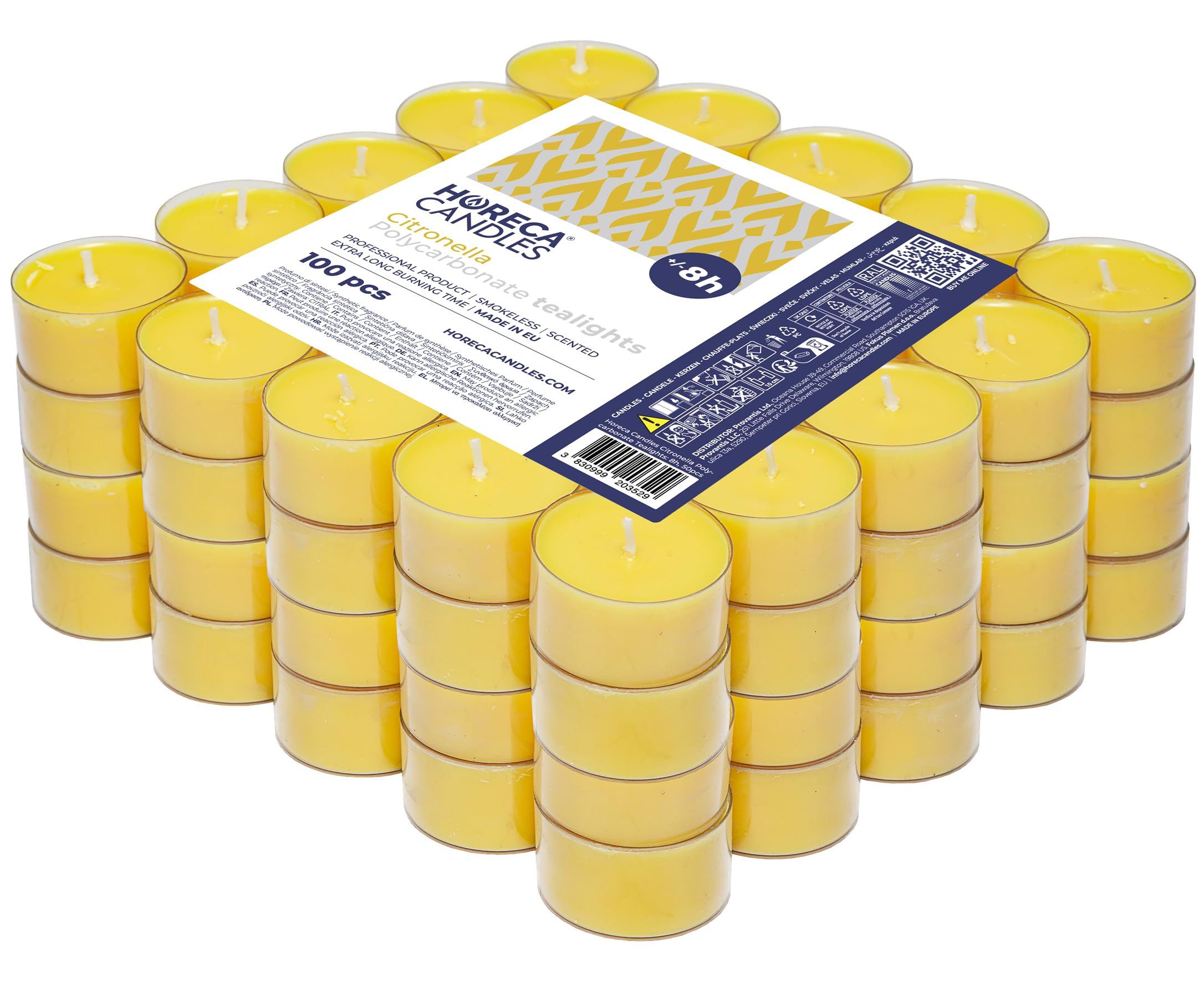 Horeca Candles - Citronella theelichtjes met 8 uur brandduur - set met 100 geurkaarsen in transparante kunststof hoes - geel - voor buiten, balkon, picknick, camping