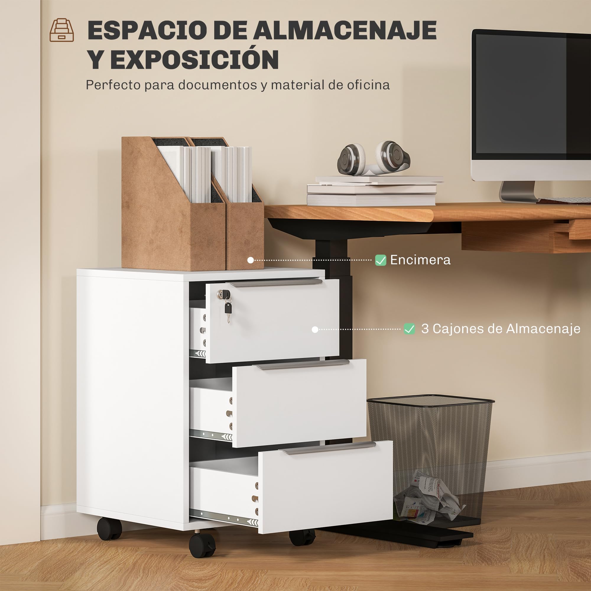 HOMCOM 3-Schubladen abschließbarer Aktenschrank für Home-Office Weiß