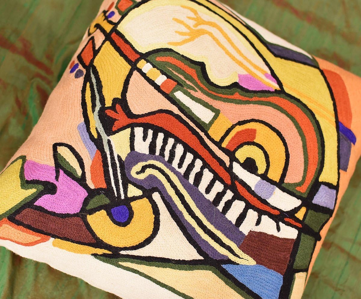 Modern Accent Pillows by Alfred Gockel | Decorative Pillowcase for Couch Red Musical Abstract Cushion Contemporary Farmhouse Chair Cushions Hand Embroidered Wool Size 18x18