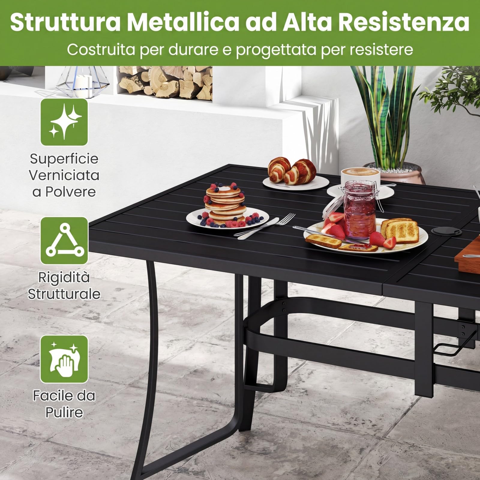 COSTWAY Tavolo da Giardino a 6 Posti in Metallo, con Foro di Ombrellone | Tavolo Pranzo Esterno Rettangolare per Balcone Terrazzo Campeggio, Portata 150 kg, 160 x 84 x 73 cm