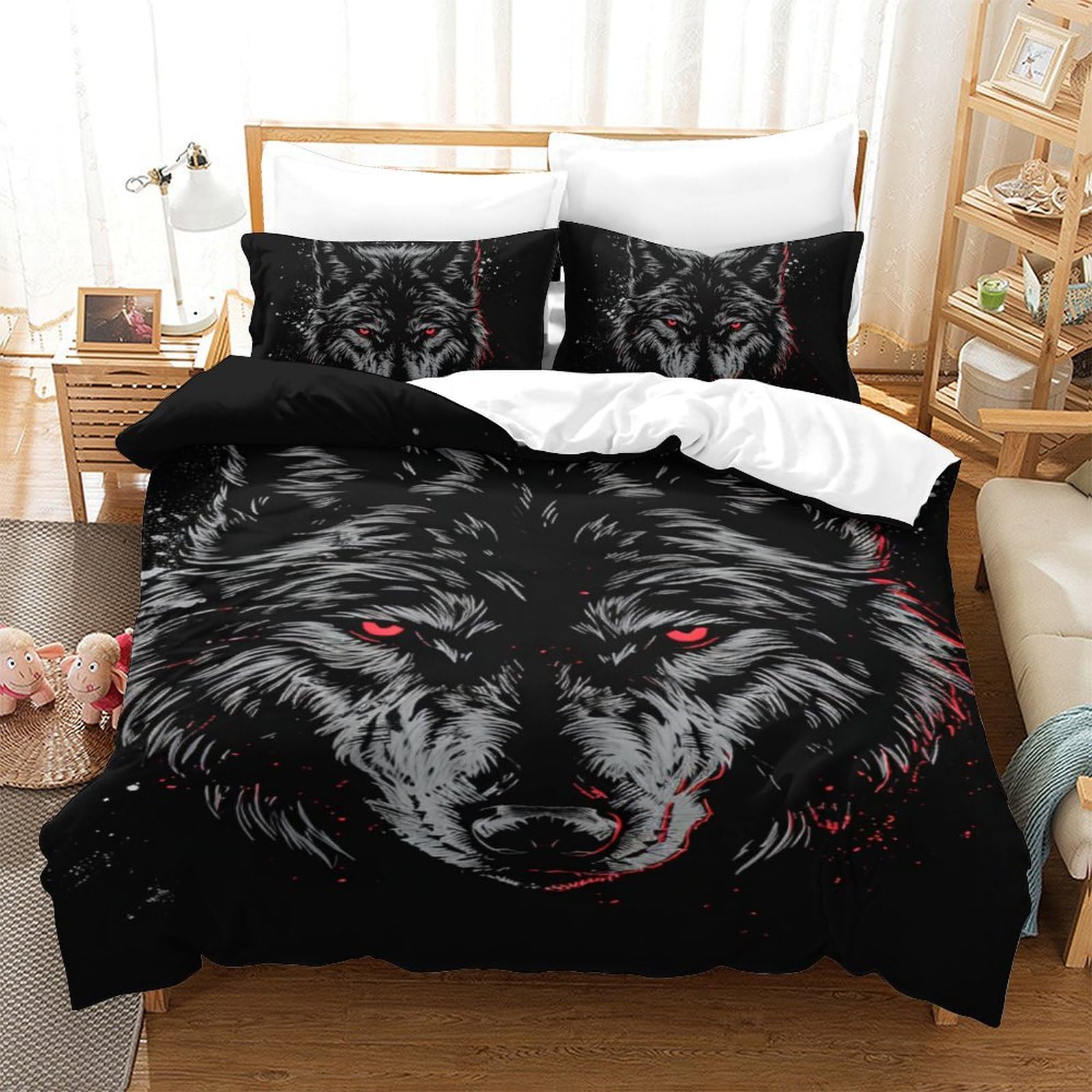 Parure de lit loup microfibre 140x200 anti-glissement avec zip pour lit enfant