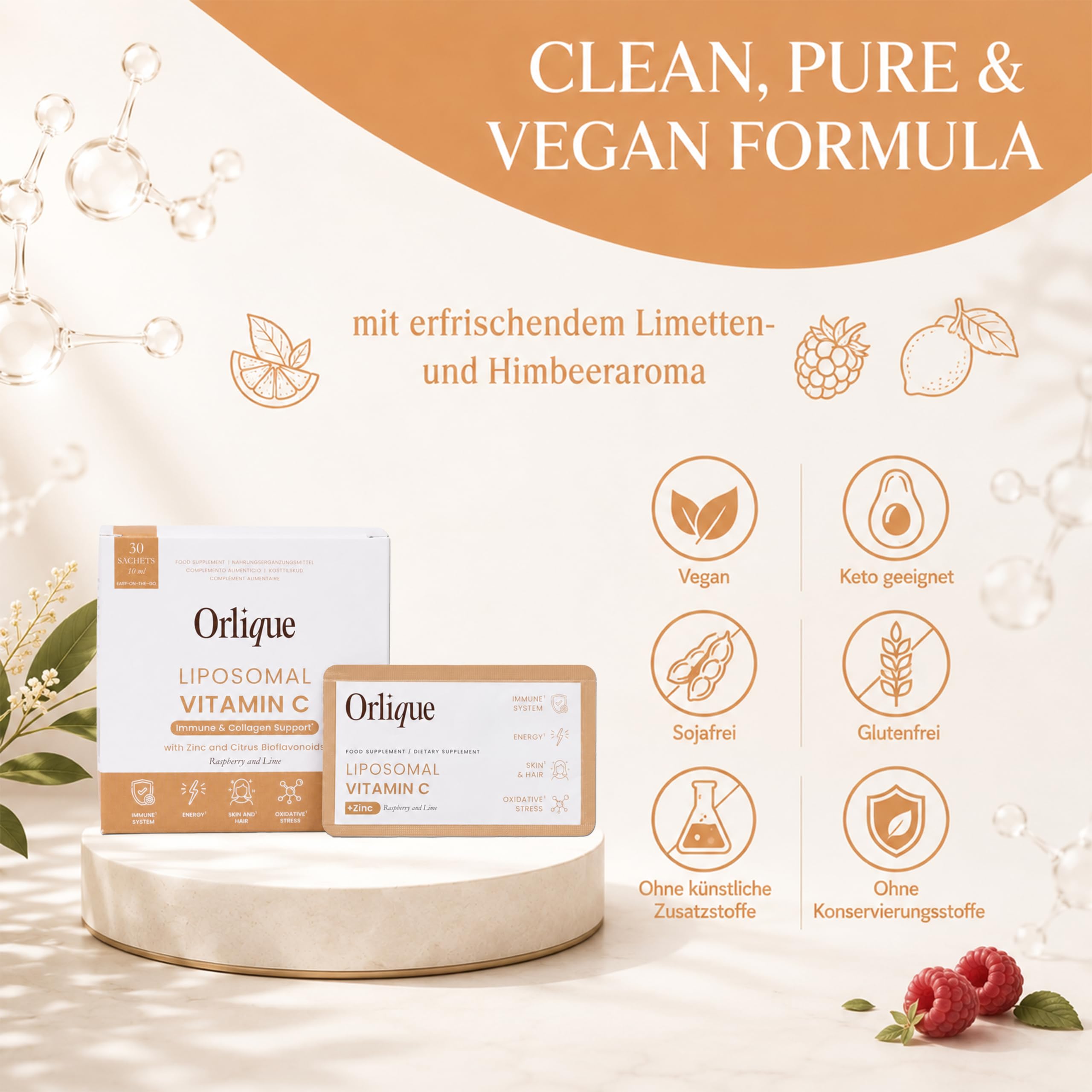 Liposomales Vitamin C 1000 mg Hochdosiert Flüssig Mit Zink & Bioflavonoiden - Hohe Bioverfügbarkeit Immunsystem Unterstützung - Vegan & Keto Geeignet - 30 Sachets - Soja- & Glutenfrei