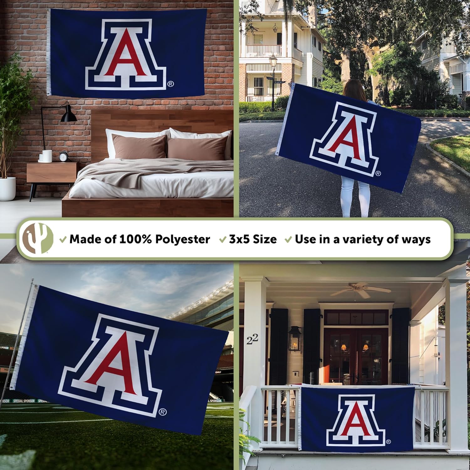 Desert Cactus University of Arizona UA Flag - 3 x 5 Feet Wildcats Banner, Indoor/Outdoor Durable Fabric, 100% Polyester Design (Style 2) - Image 3