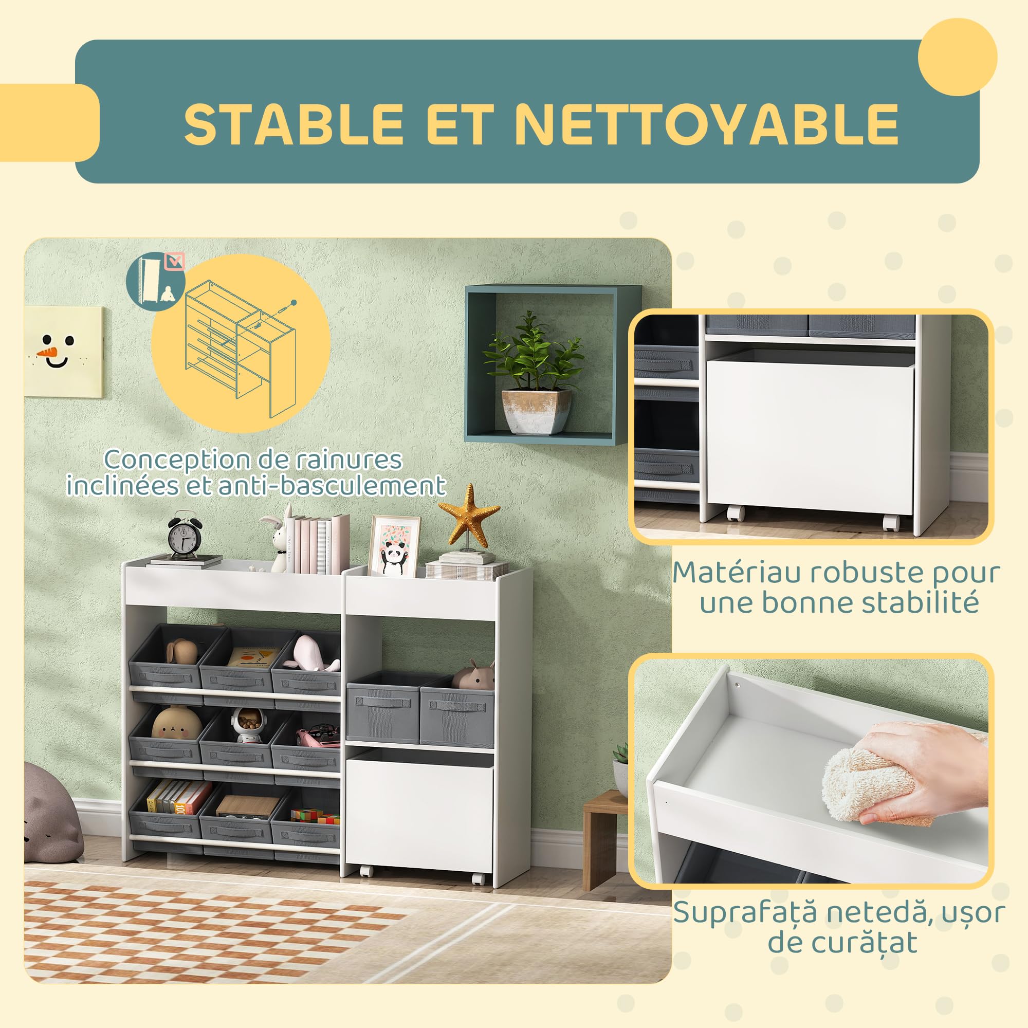AIYAPLAY Étagère de Rangement Enfant pour Jouets et Livres, avec 11 bacs de rangements en Tissu Non tissé et Un Cabinet sur roulettes, pour Chambre, Salon, Salle de Jeu, 105x30x80cm, Blanc