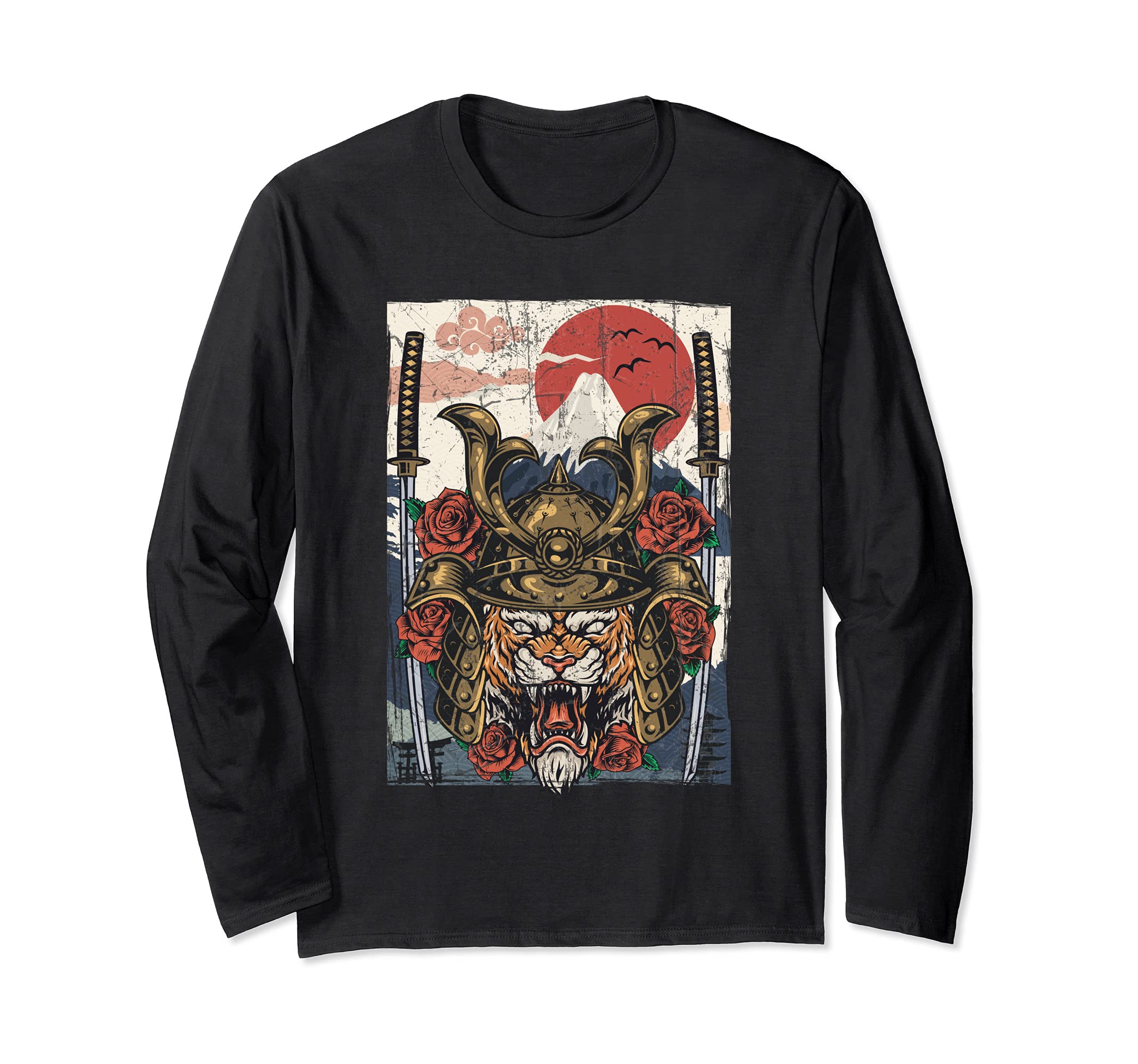 Japanese Culture Anime Samurai Tiger Warrior bushido code Long Sleeve T-Shirt, Black