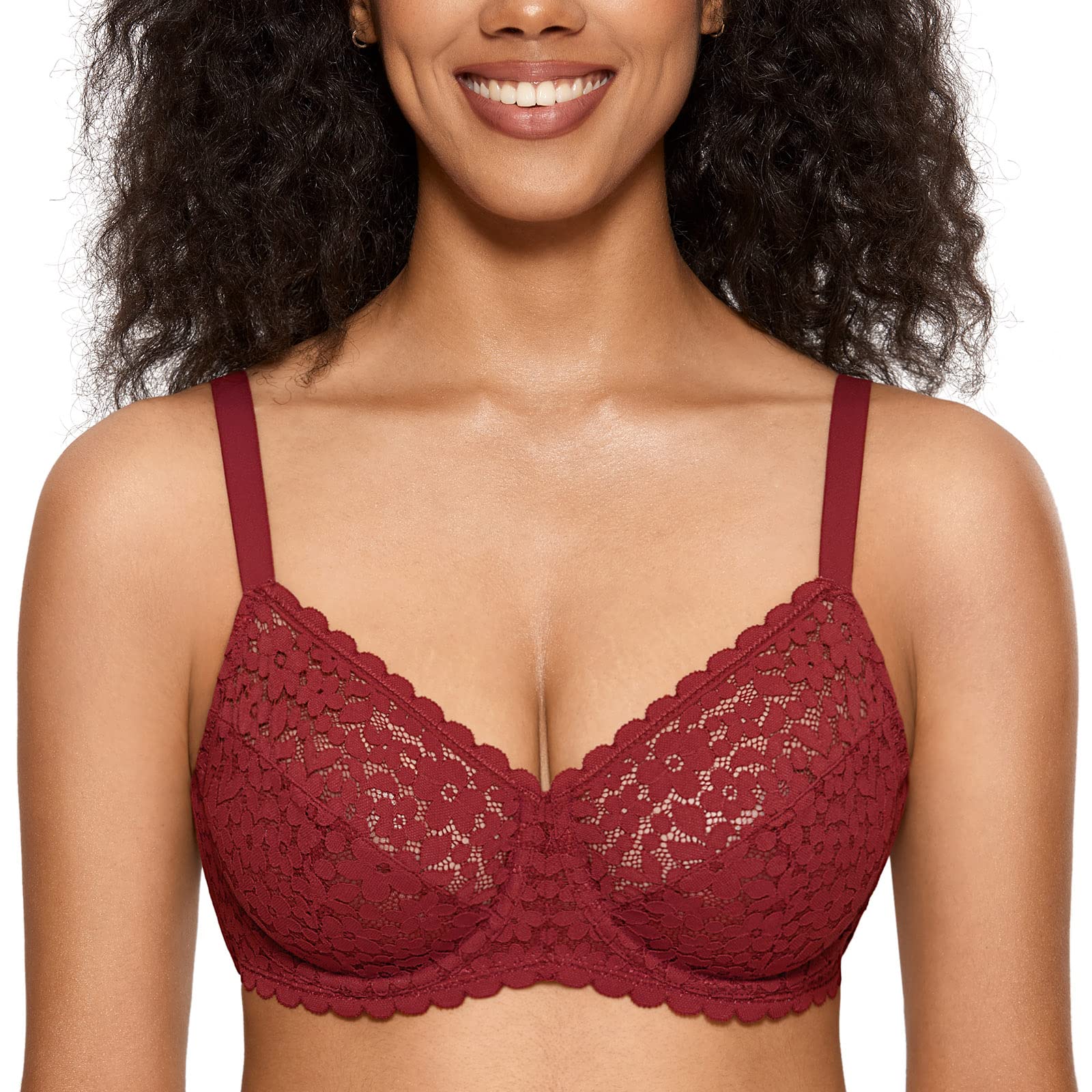 DOBREVA Women's Full Coverage Bra Lace Unlined Underwire Plus Size Minimiser Bra Chinese Red 40C