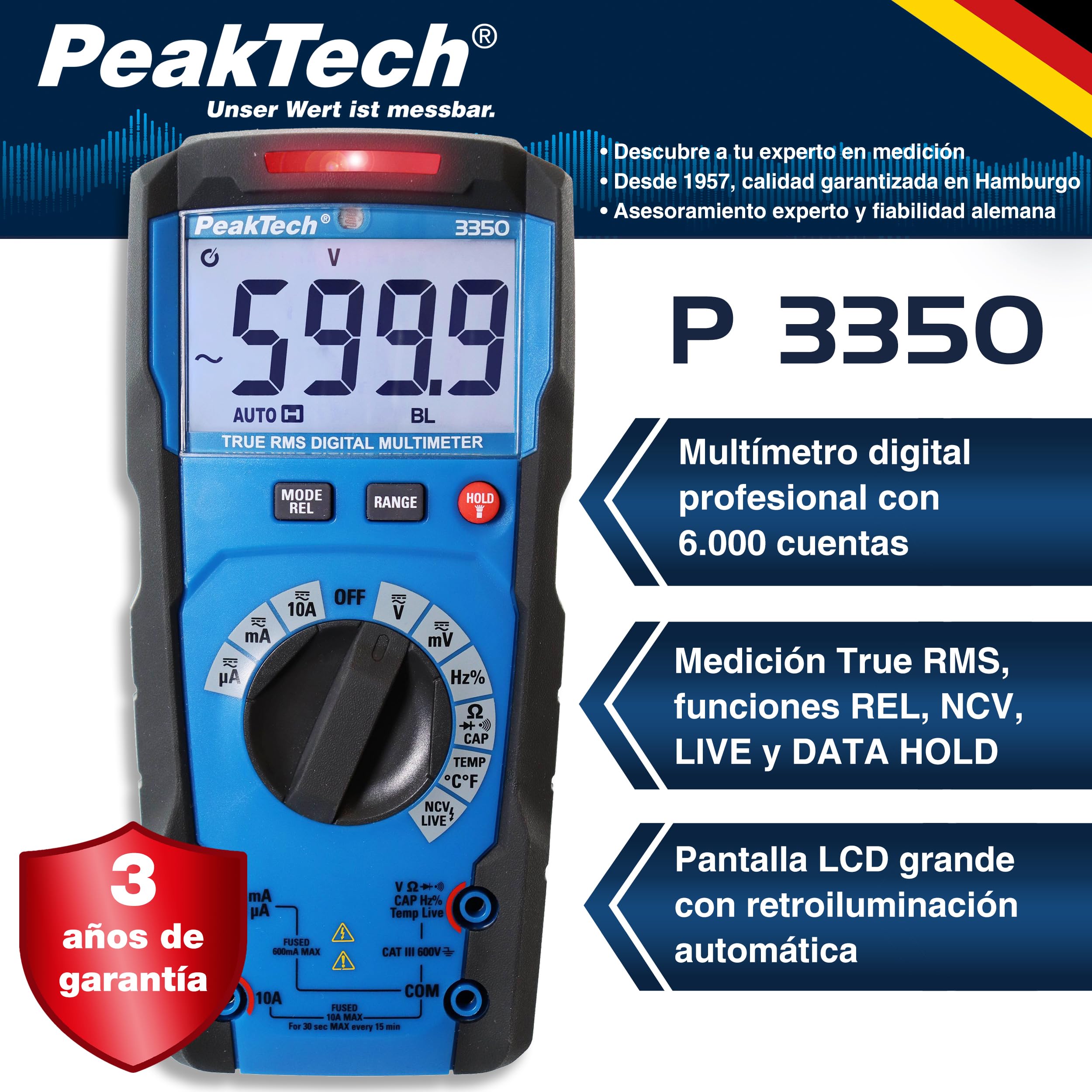 PeakTech 3350 - True RMS Multimeter mit Digital Anzeige Strommessgerät mit 6000 Counts Profi-Messgerät für Elektriker 10A AC/DC - CAT III 600V, automatische Bereichswahl