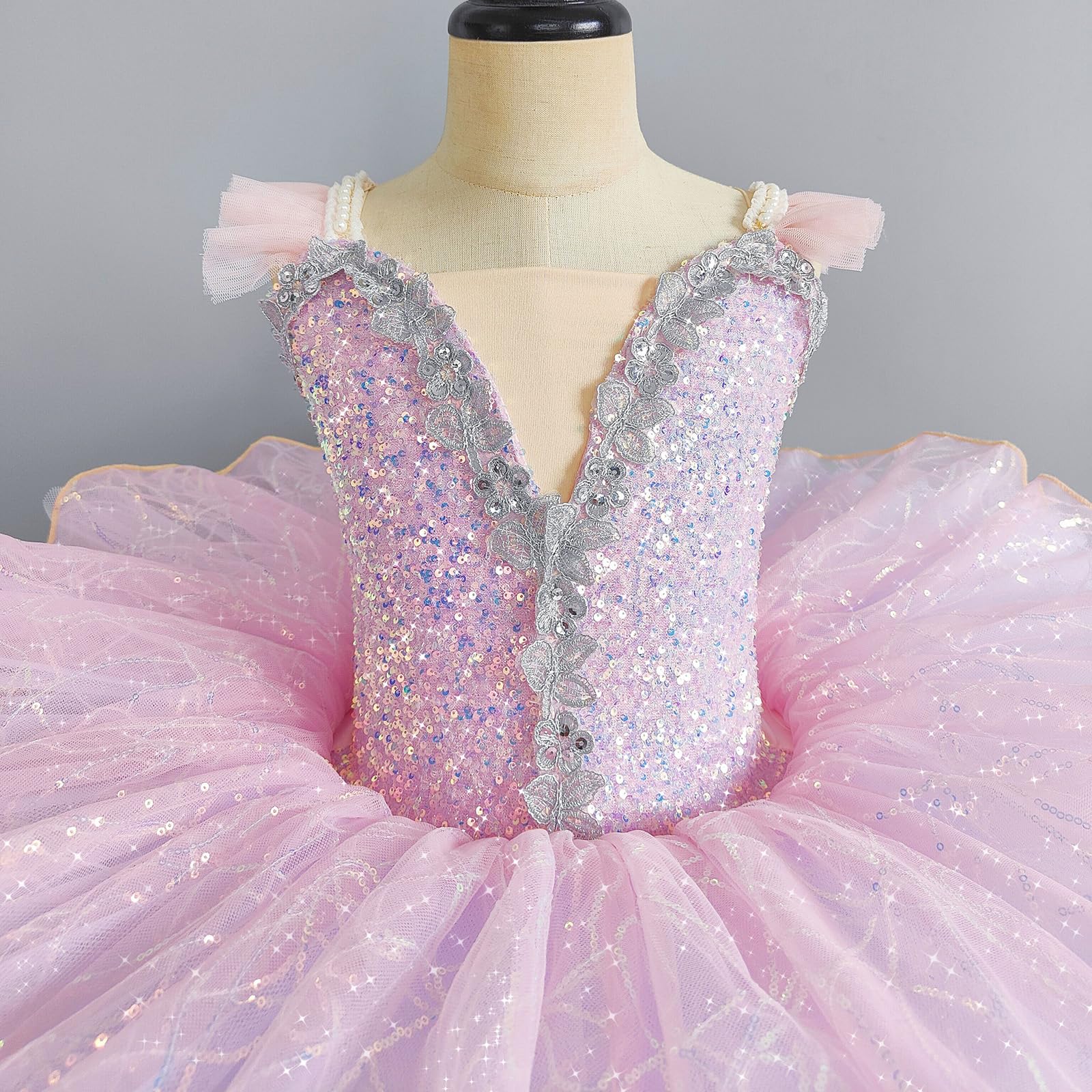 Mädchen Rosa Pailletten Pfannkuchen-Tutu Ballettkleid mit Tiara, Puffy-Prinzessinnenrock, Professionell Tanzkostüme