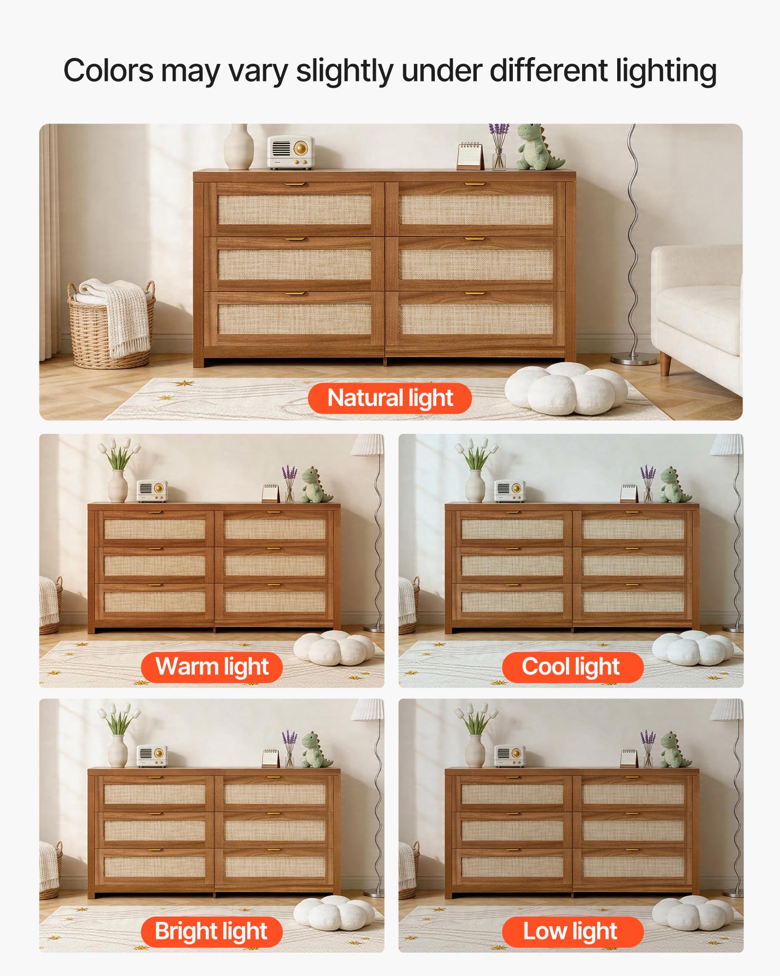 VEVOR Commode en rotin à 6 tiroirs, Meuble de Rangement avec poignées en métal, Organisateur de vêtements et Rangement bohème en Bois, Armoire pour Chambre à Coucher, Salon ou Couloir, Couleur Noyer
