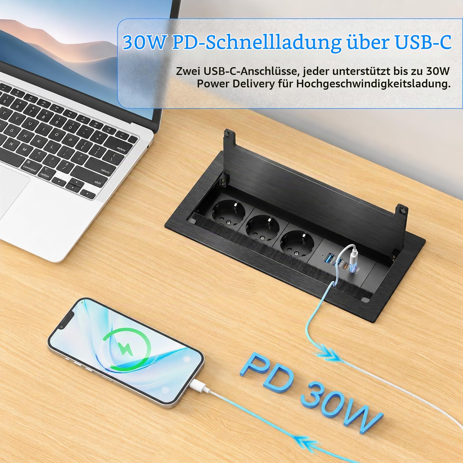 Aluminium Versenkbare Einbausteckdose mit 2 USB-C PD 30W & 2 USB-A, 3 Fach Mehrfachsteckdose für Küche, Arbeitsplatte, Büro, 1,8M Kabel,Schwarz