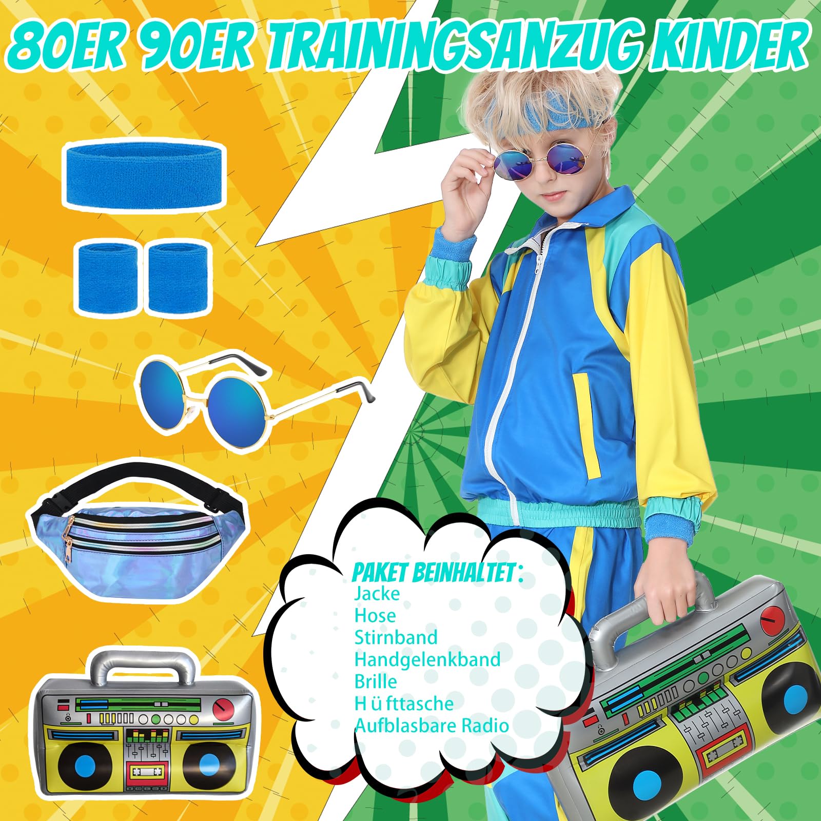 Hislovy 80s Tracksuit for Kids 90s Outfits Boys Girls 6PCS Hip Hop Dance Costume, Colorblock Jacket for Retro Theme Party (Blue, 120) - Image 3