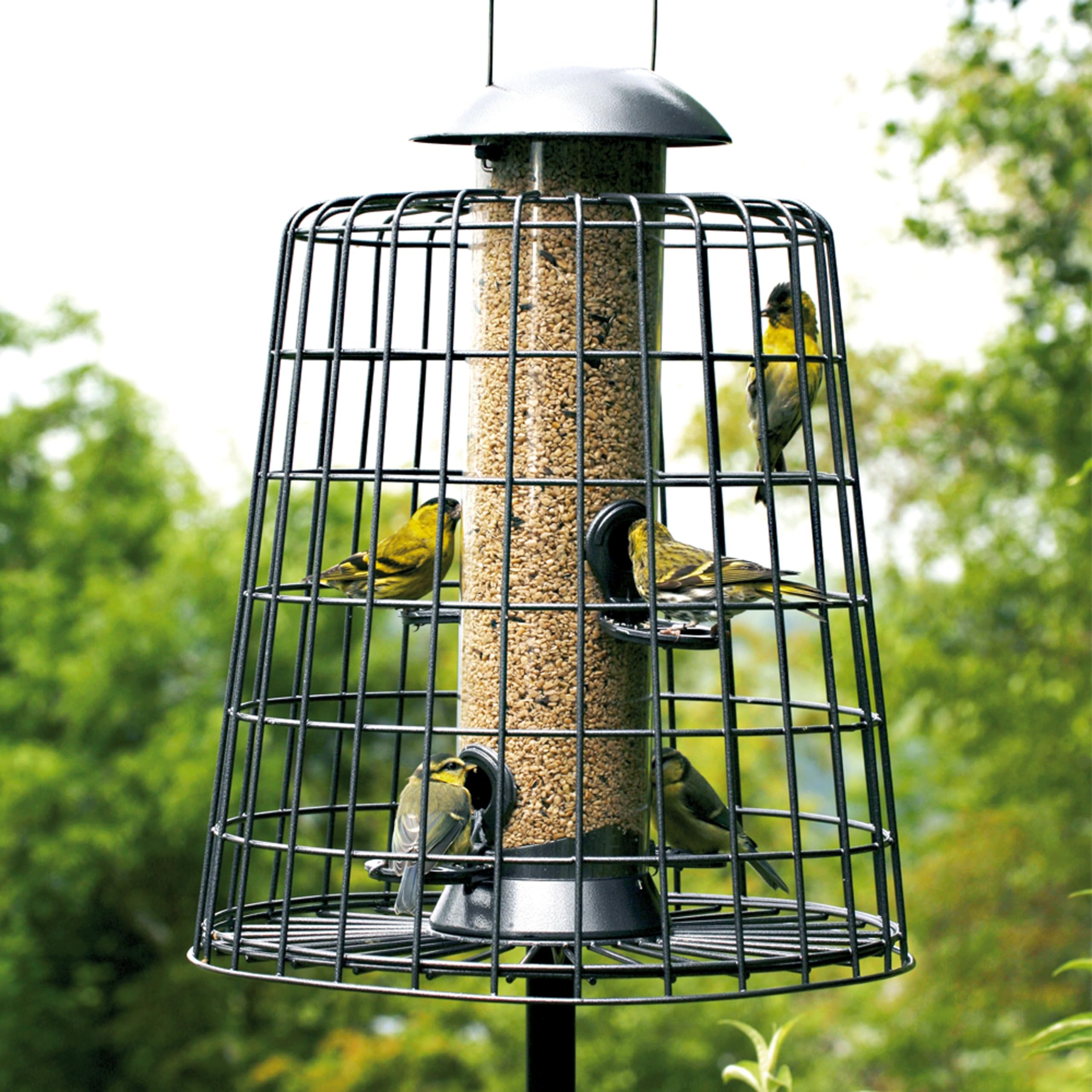 CJ Wildlife Futtersäule Vögel – Vogelfuttersäule mit Schutzgitter – Vogelfutterspender zum Aufhängen – Metall/Kunststoff Graphit-Grau – Großes Volumen