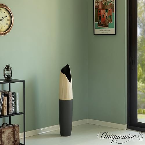 Miniatura 7 de Jarrón de cerámica independiente de 37 pulgadas de alto, hecho a mano, parte superior a rayas beige e inferior negra, jarrón grande impermeable para