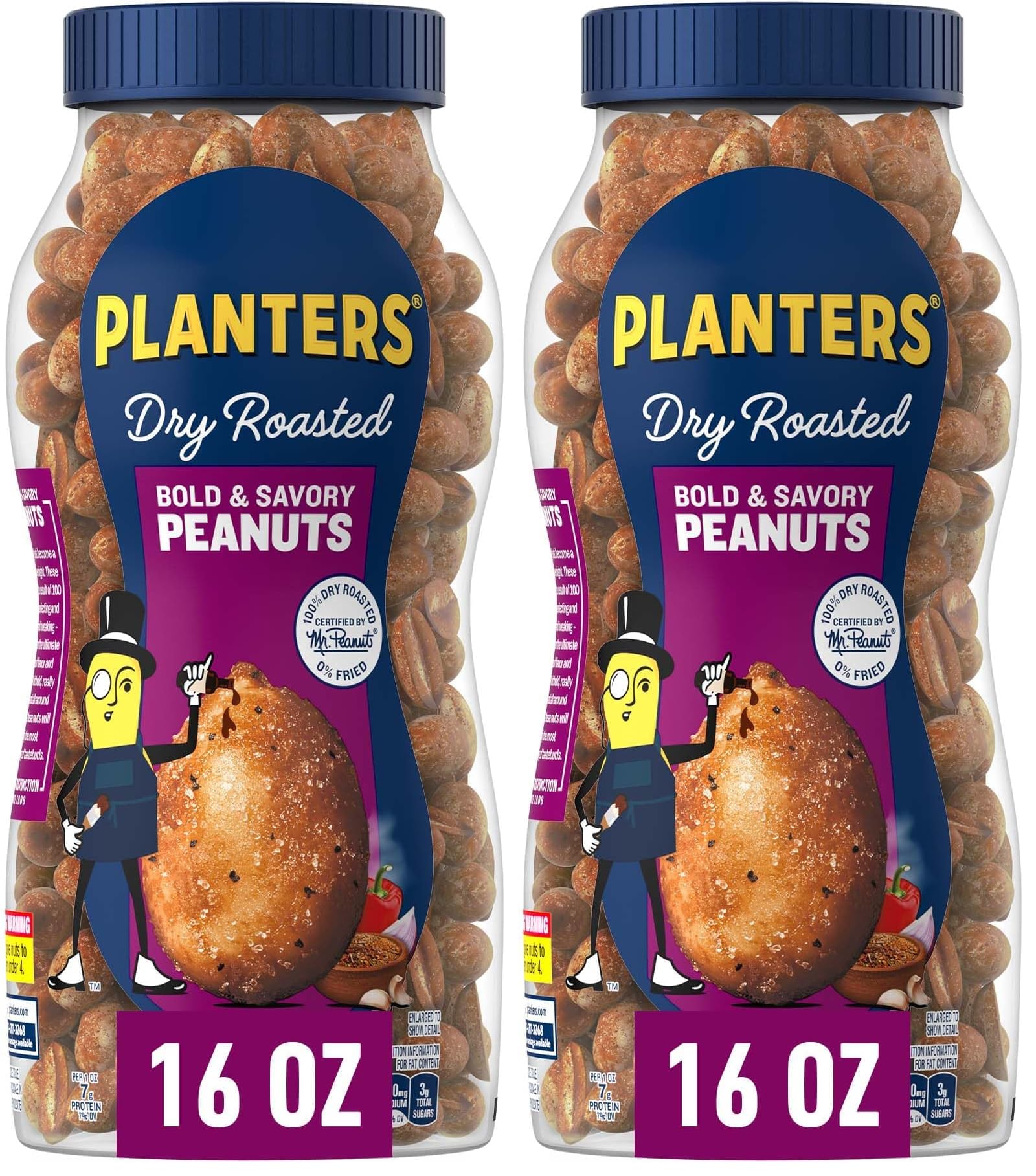 PLANTERS Dry Roasted Bold & Savory Peanuts, Party Snacks, Plant-Based Protein, 16 Oz Jar (Pack of 2)