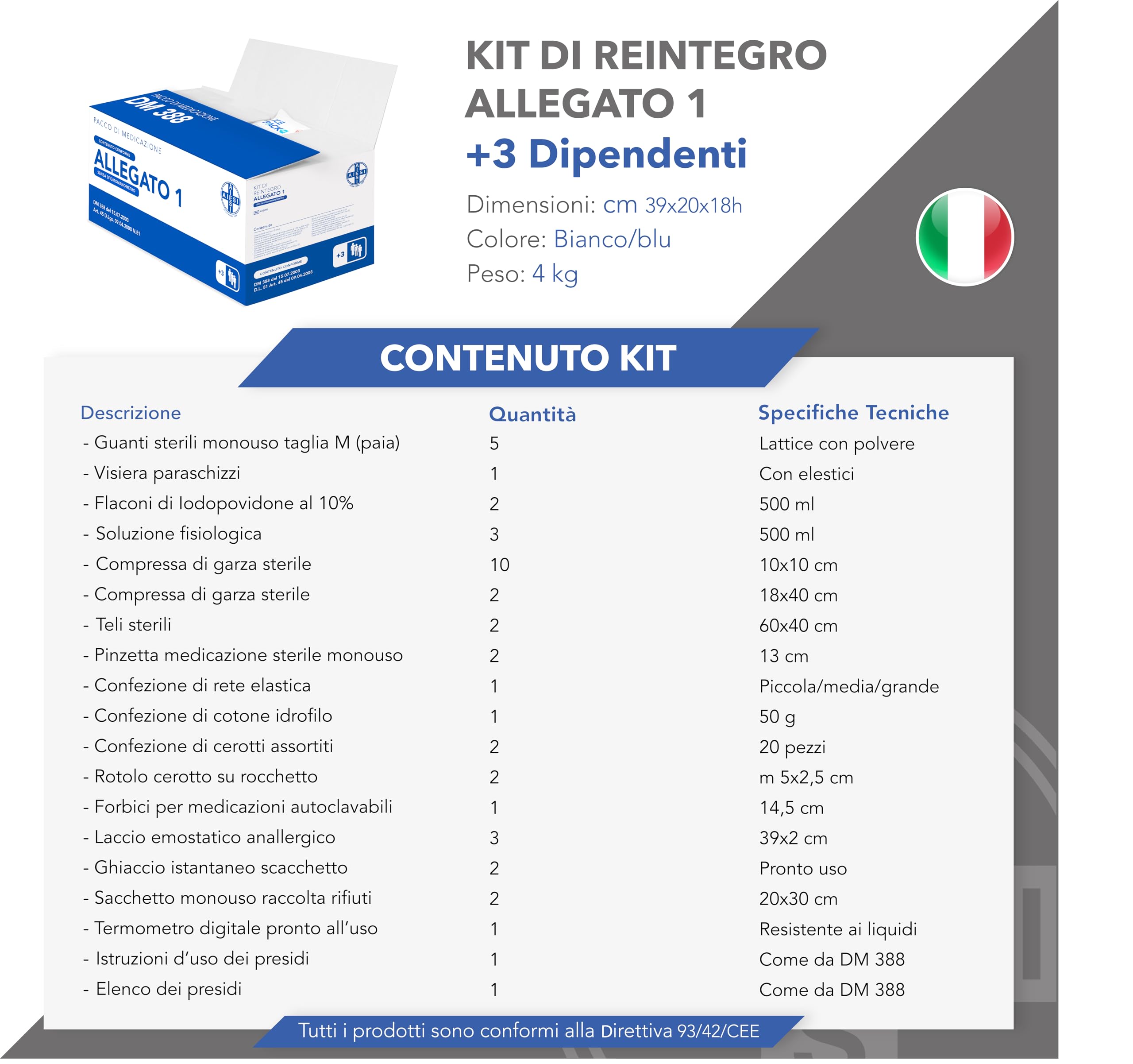 AIESI® kit di reintegro ALLEGATO 1 SENZA SFIGMOMANOMETRO pacco medicazione per cassetta di pronto soccorso aziende più 3 dipendenti, Conforme DM388/DL81, Made in Italy