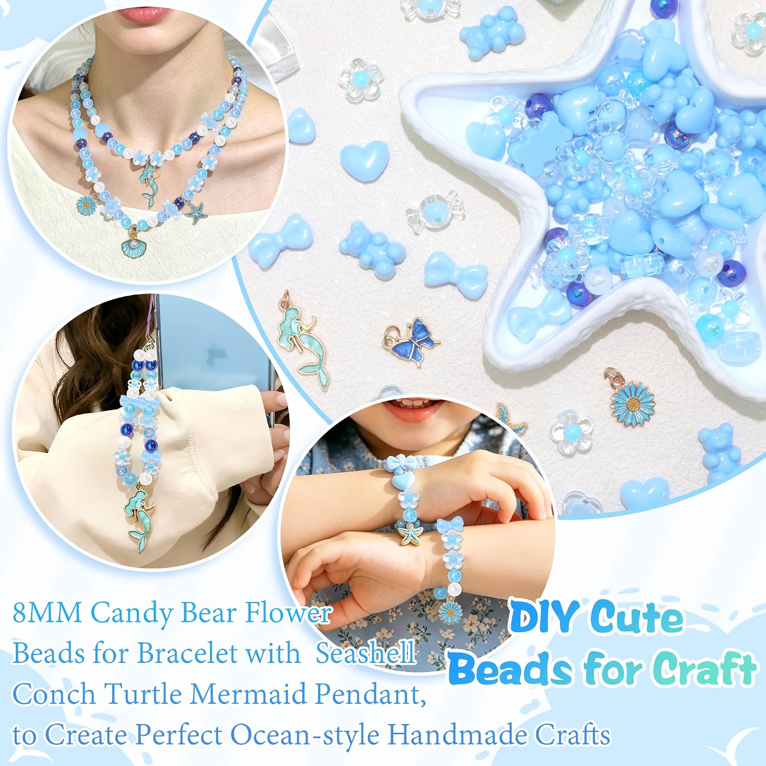 BELICEY Blue Ocean Beads Bracelet Making Kit Assorted Bead for Bracelets | Beach Starfish Charms for Jewelry Making, Cute Bow Flower Bead for Bracelets, DIY Necklace Earrings Phone Charms Craft