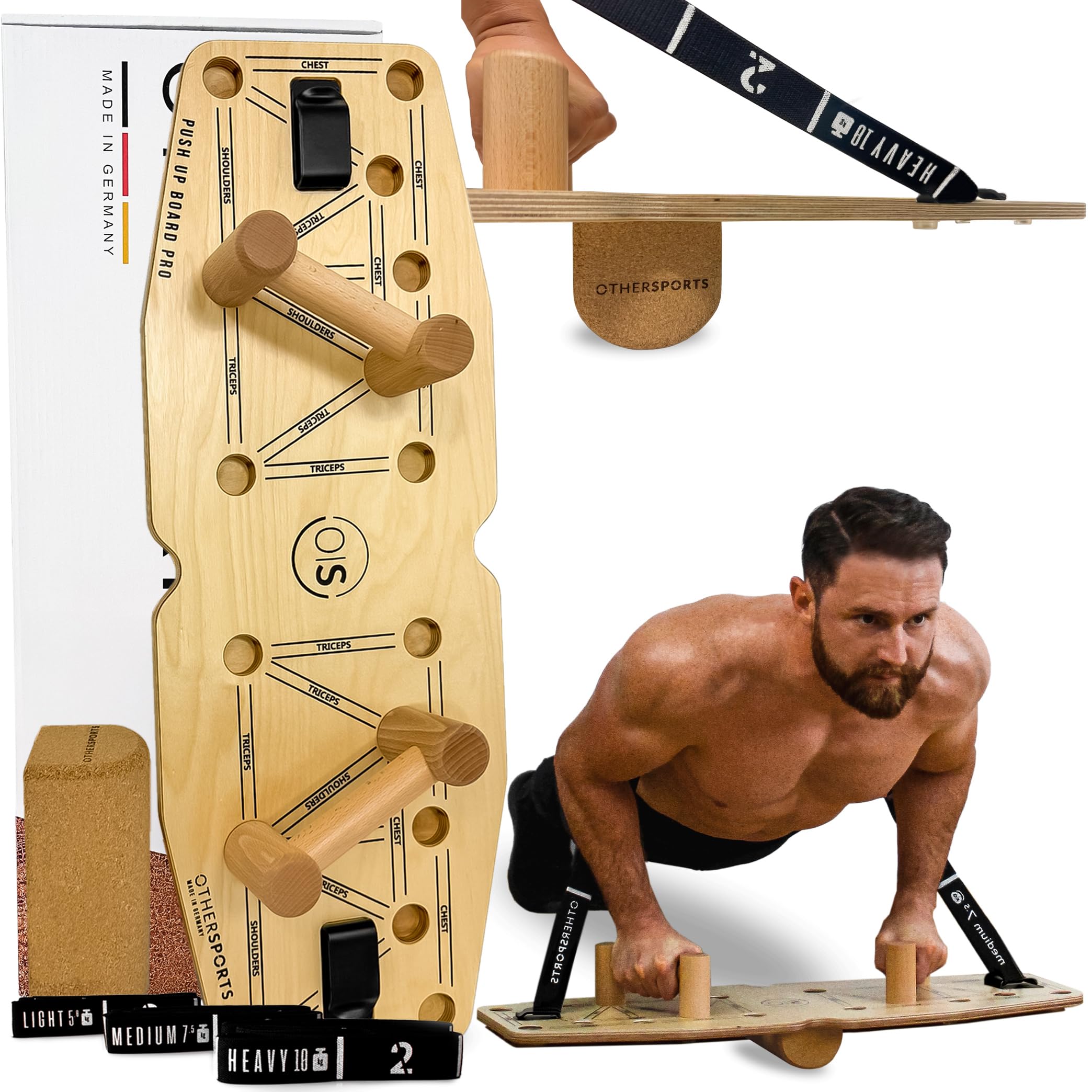Liegestütze Brett Pro 3 – Maximal effektives Brusttraining mit Balance + Widerstandsfunktion – Push up Board Holz – Brust Trainingsgerät