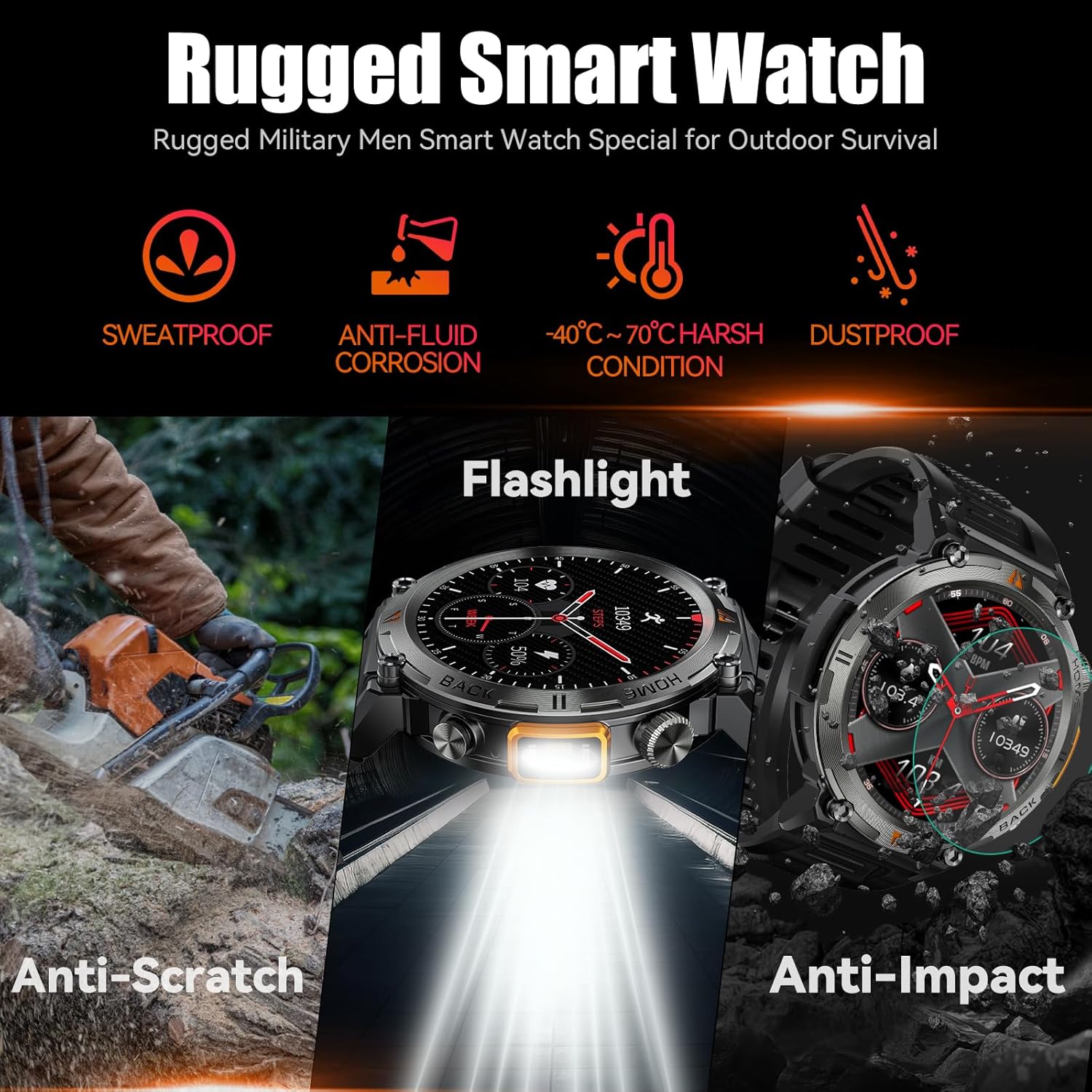 EIGIIS KE3 Smart Watch highlighting its rugged features: sweatproof, anti-fluid corrosion, -40°C to 70°C harsh condition resistance, dustproof, anti-scratch, and anti-impact